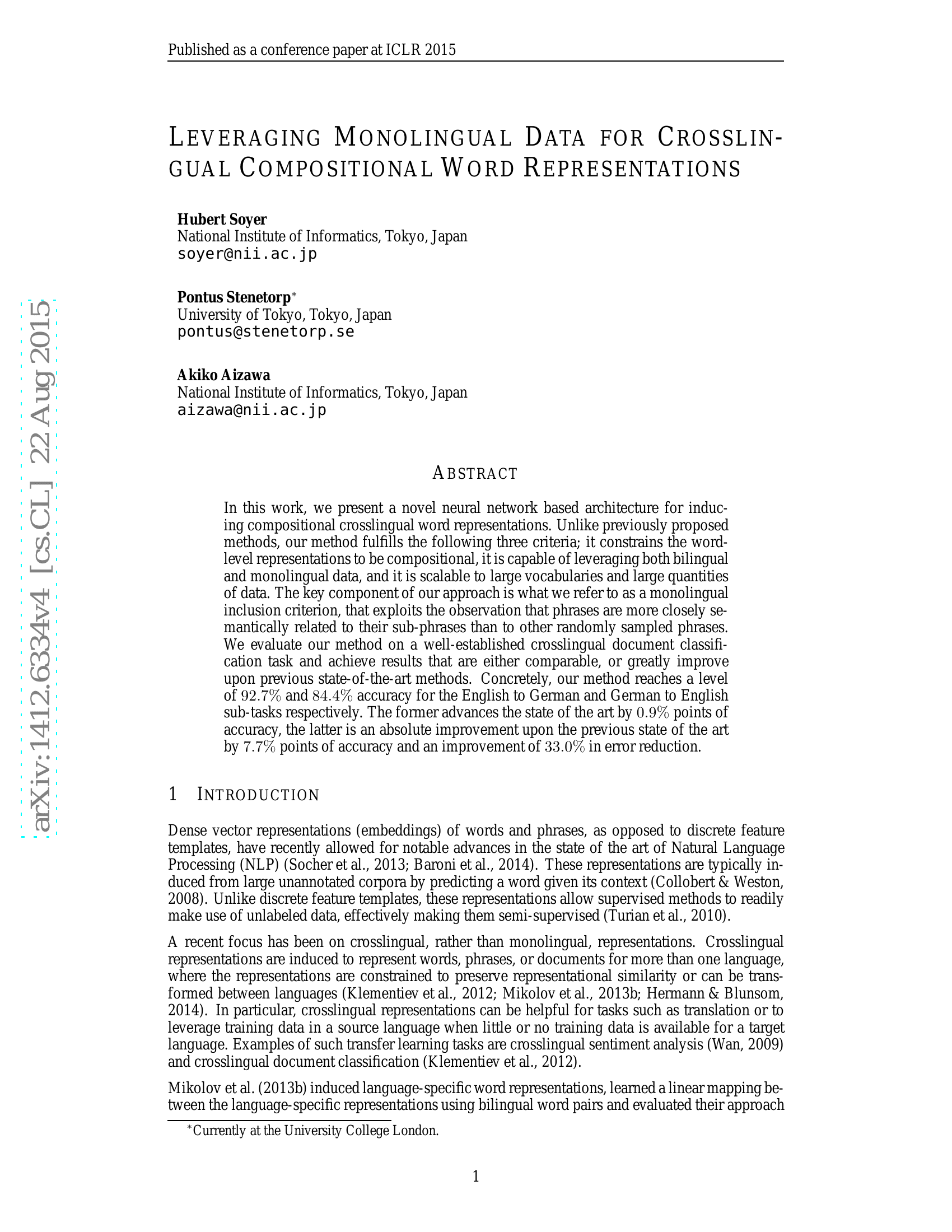 Leveraging Monolingual Data for Crosslingual Compositional Word Representations