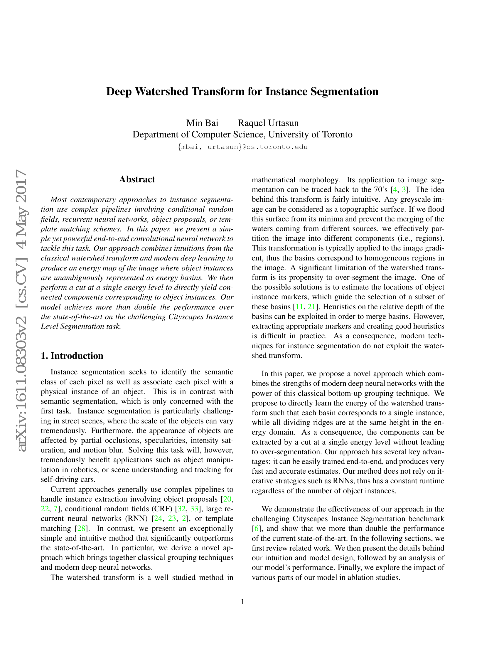 Deep Watershed Transform for Instance Segmentation