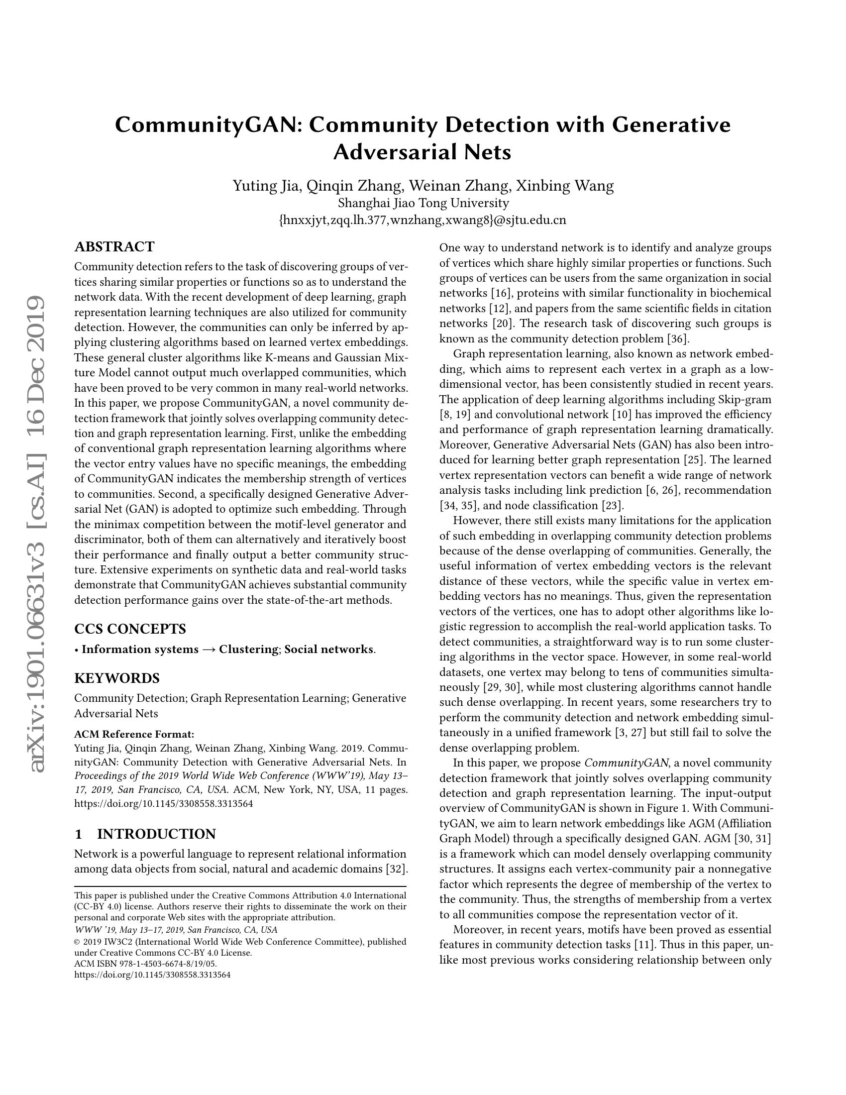 CommunityGAN: Community Detection with Generative Adversarial Nets