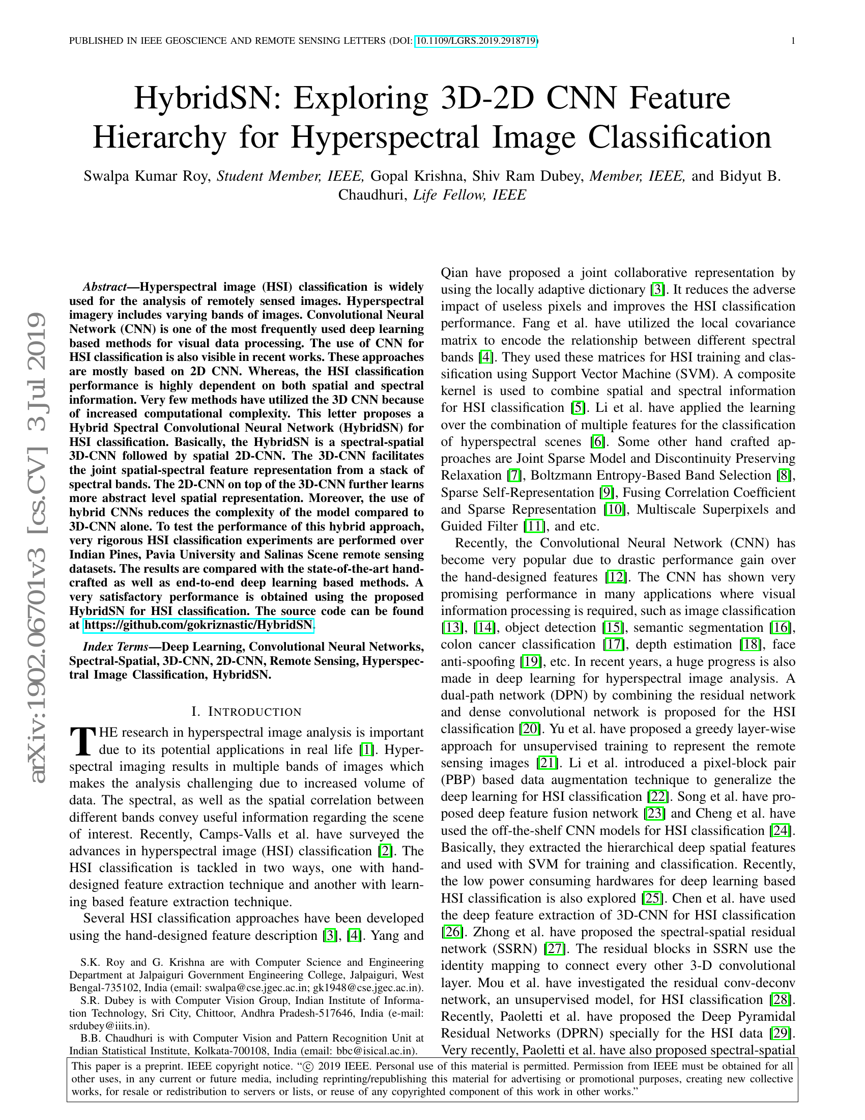 HybridSN: Exploring 3D-2D CNN Feature Hierarchy for Hyperspectral Image Classification