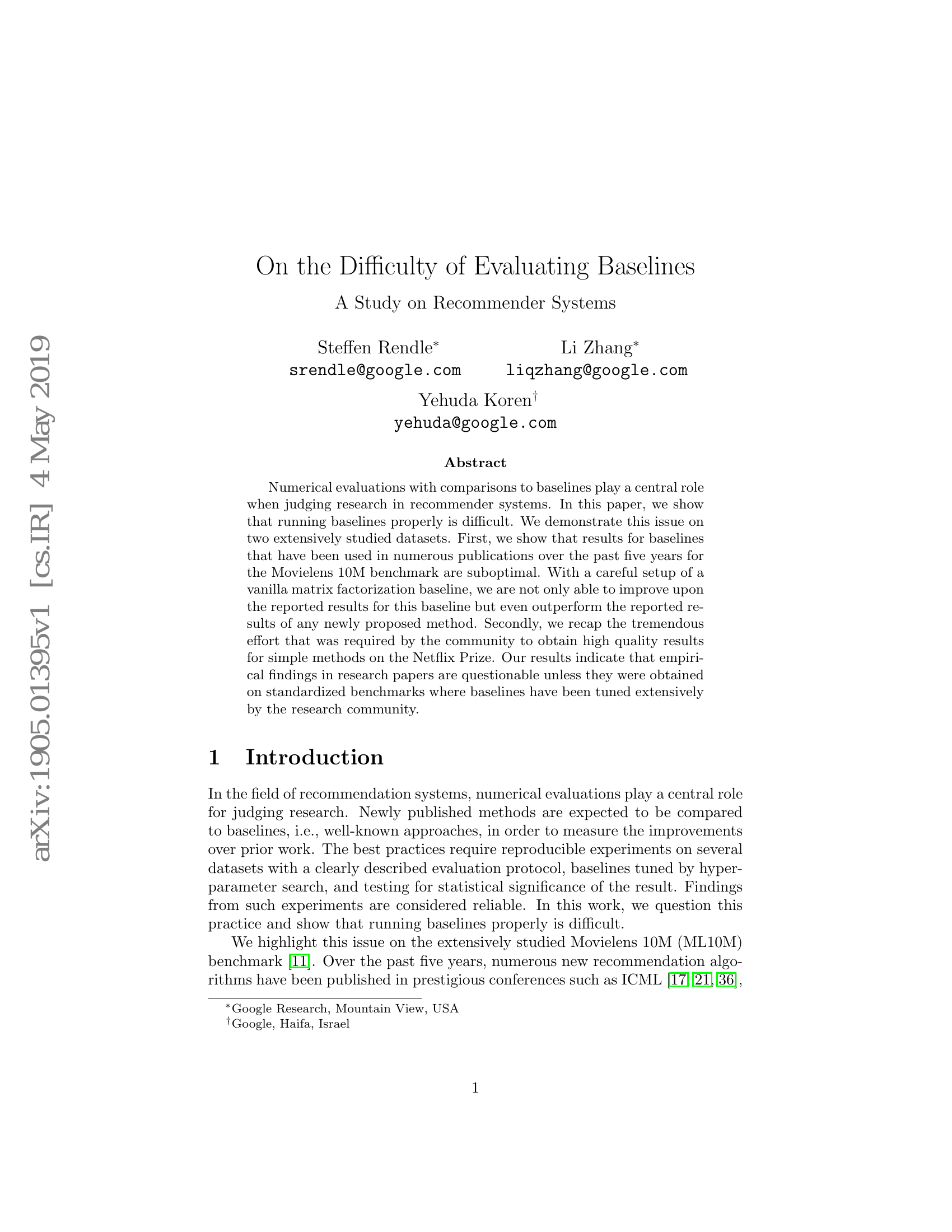 On the Difficulty of Evaluating Baselines: A Study on Recommender Systems