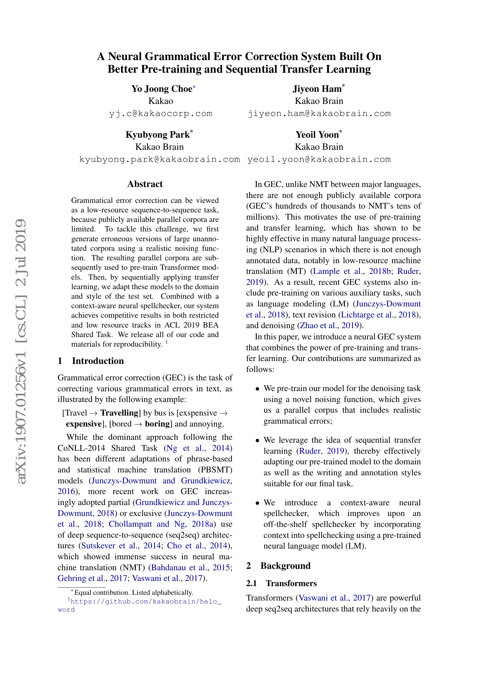 A Neural Grammatical Error Correction System Built On Better Pre-training and Sequential Transfer Learning