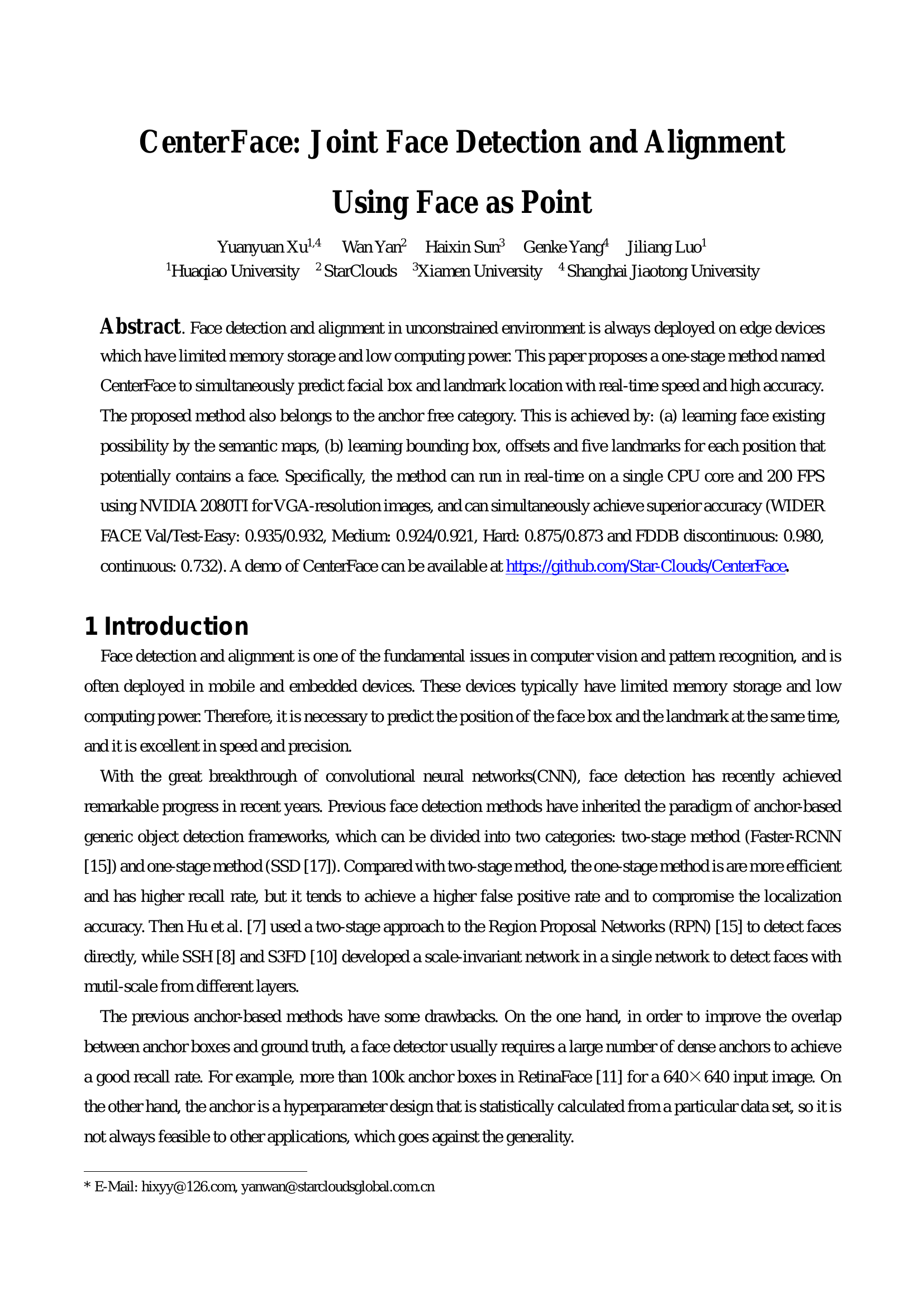 CenterFace: Joint Face Detection and Alignment Using Face as Point