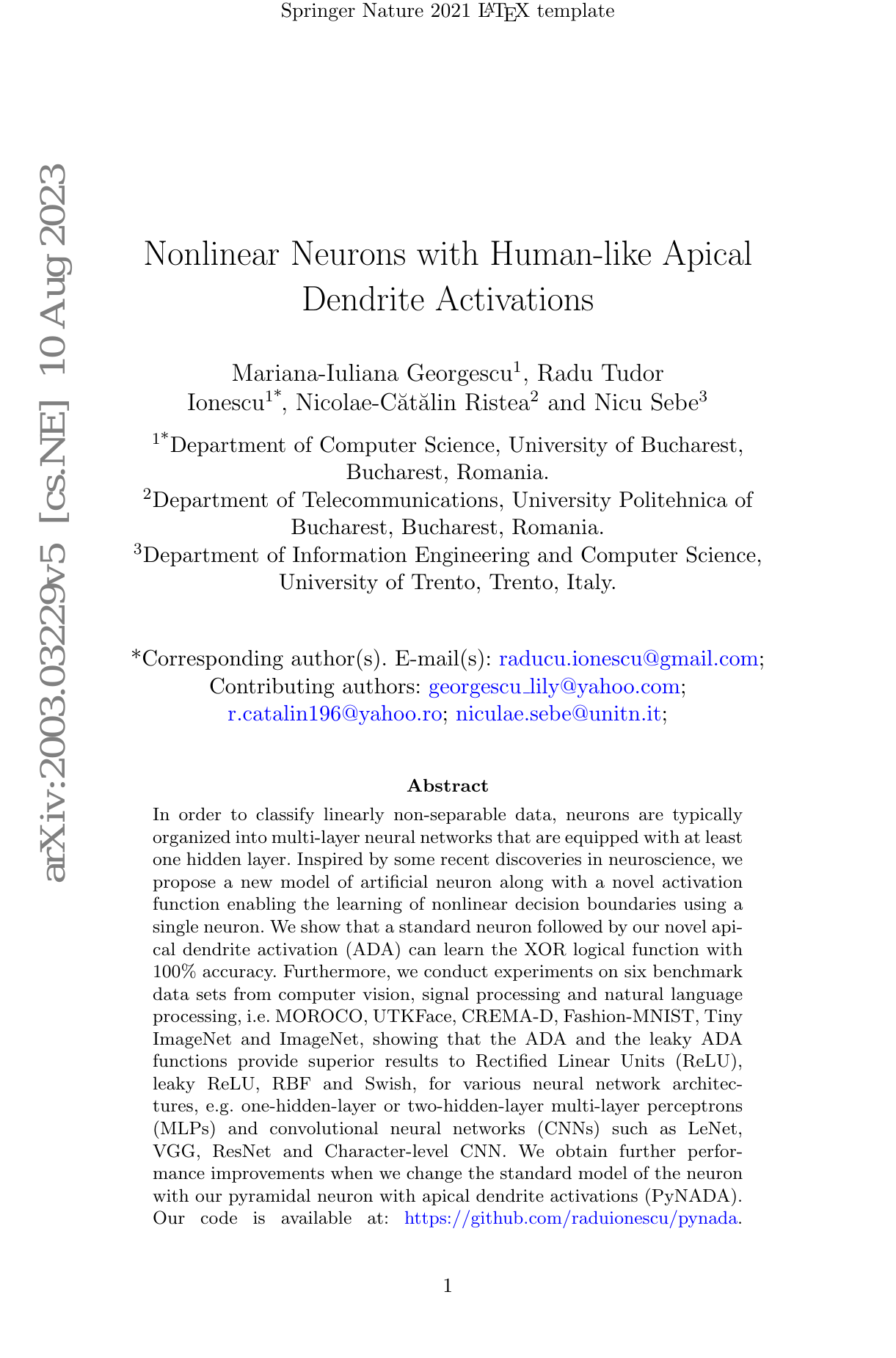 Non-linear Neurons with Human-like Apical Dendrite Activations