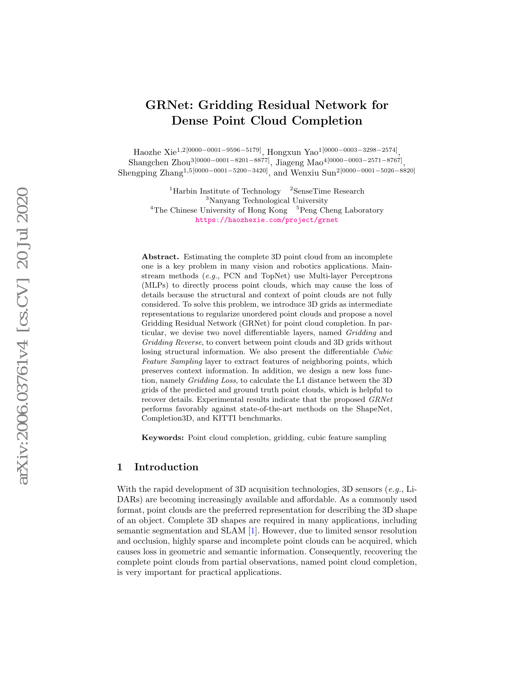 GRNet: Gridding Residual Network for Dense Point Cloud Completion