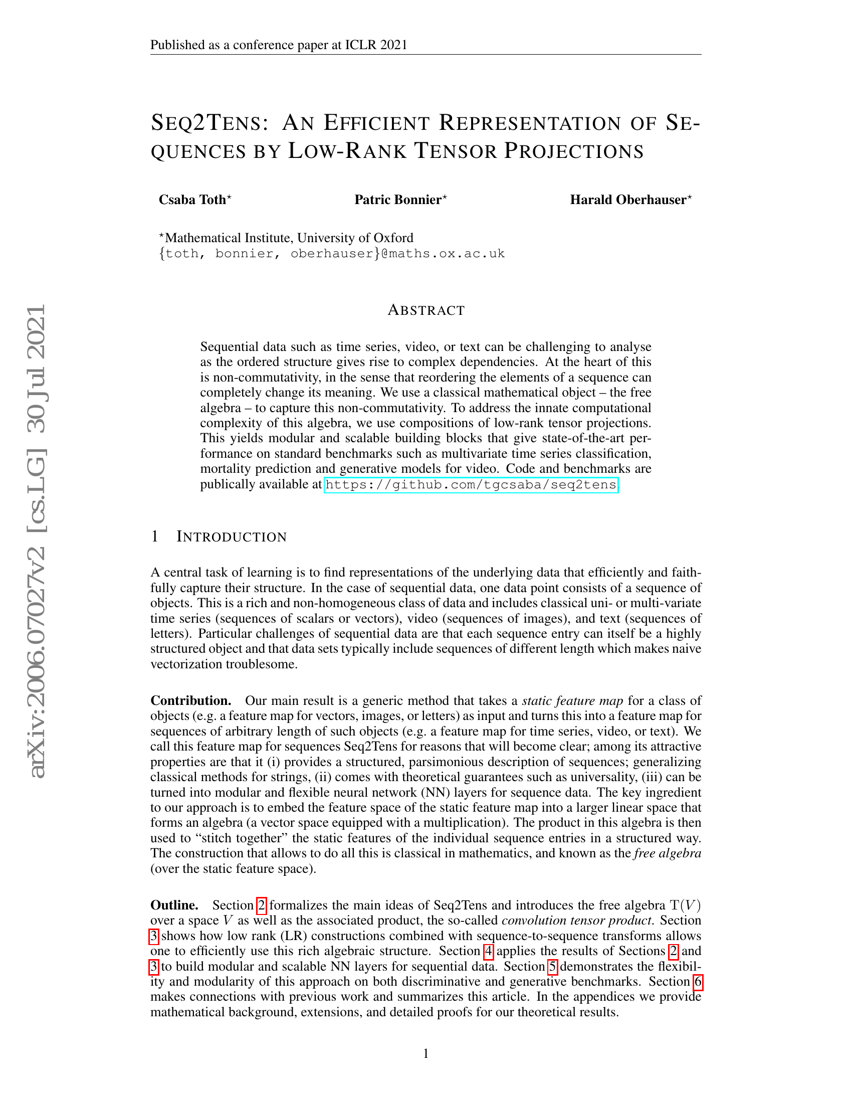 Seq2Tens: An Efficient Representation of Sequences by Low-Rank Tensor Projections