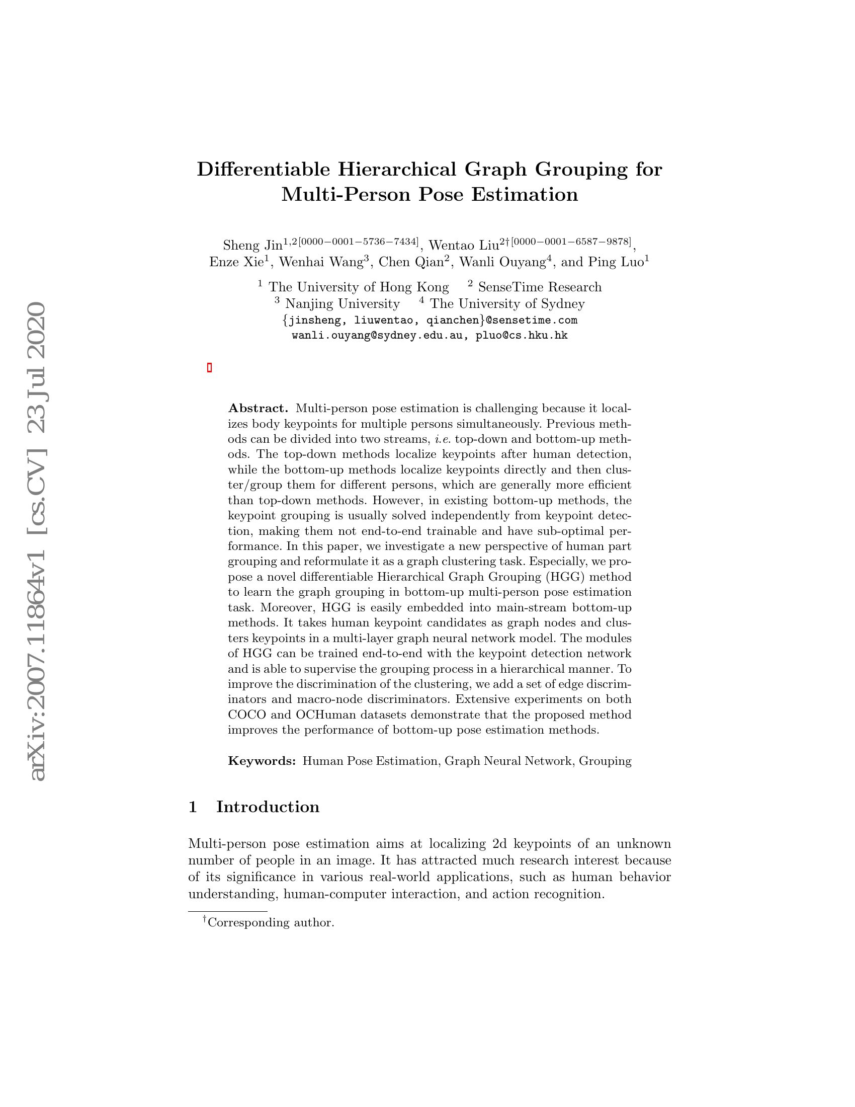 Differentiable Hierarchical Graph Grouping for Multi-Person Pose Estimation