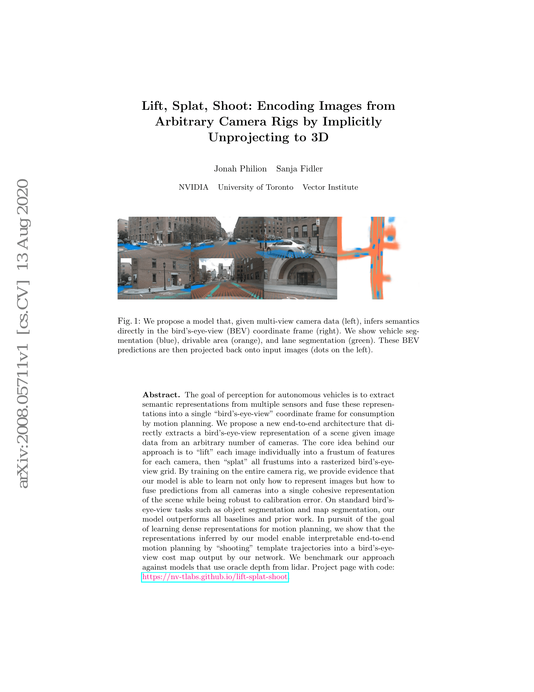 Lift, Splat, Shoot: Encoding Images From Arbitrary Camera Rigs by
Implicitly Unprojecting to 3D
