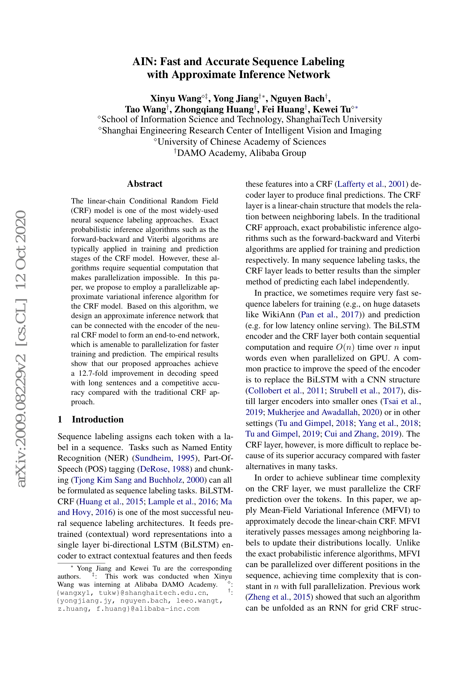 AIN: Fast and Accurate Sequence Labeling with Approximate Inference Network