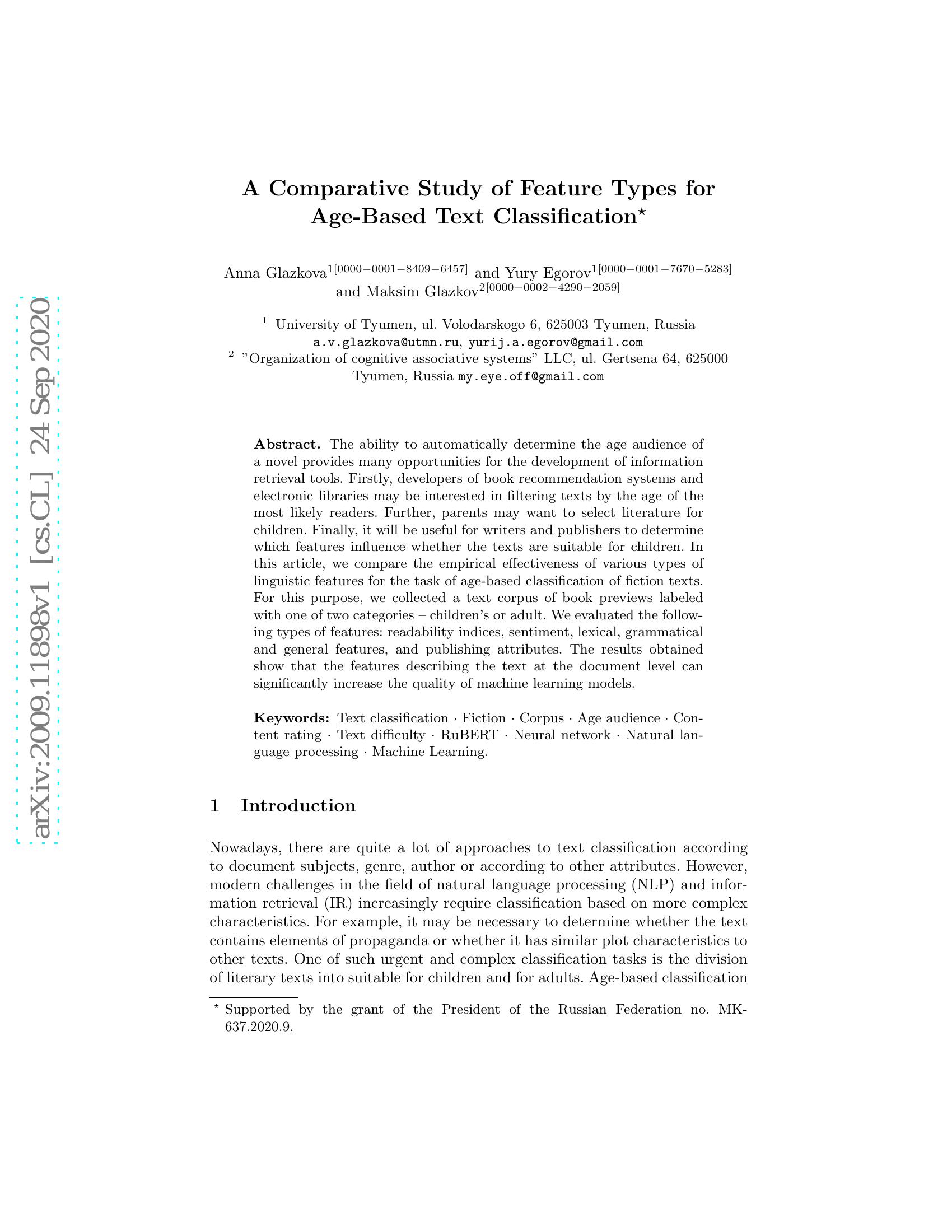 A Comparative Study of Feature Types for Age-Based Text Classification