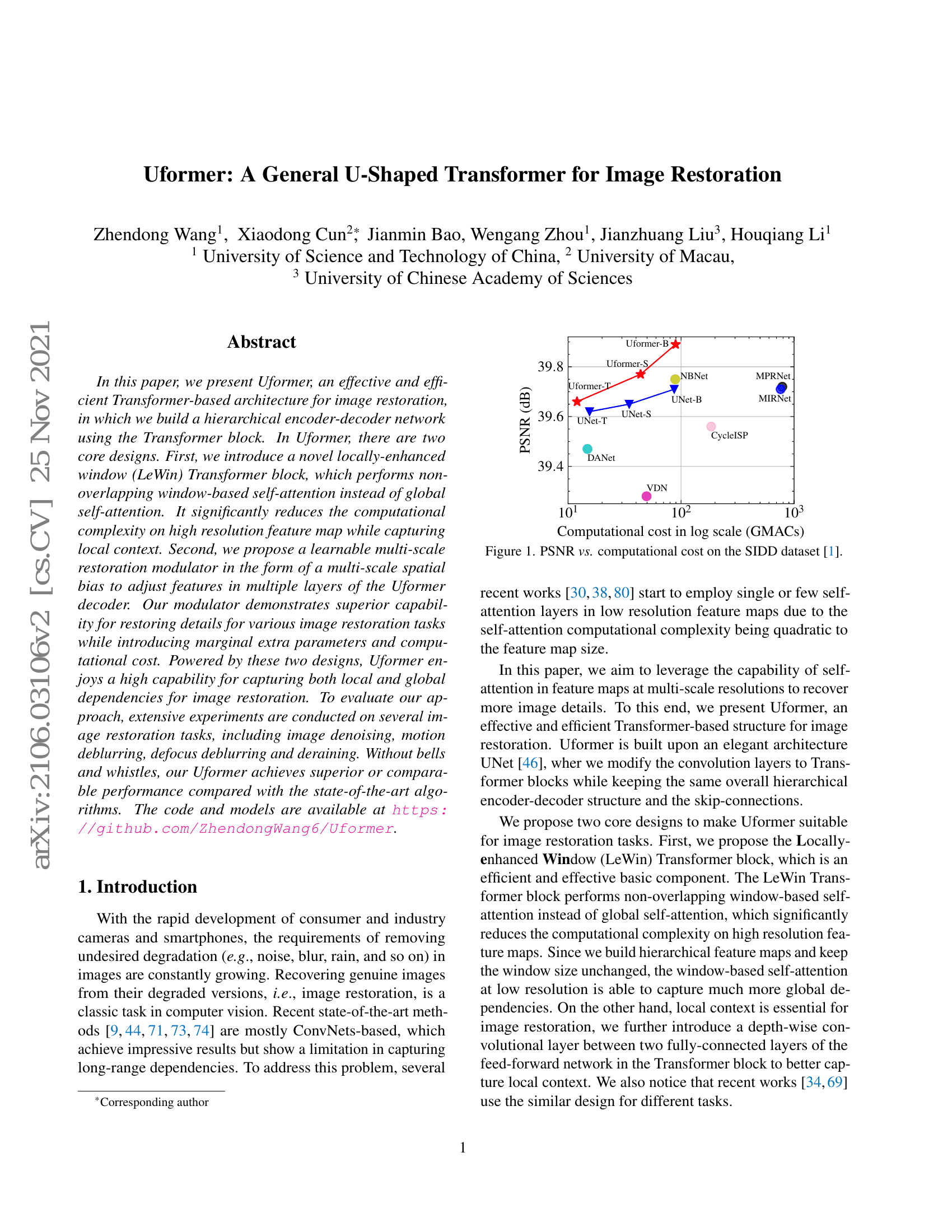 Uformer: A General U-Shaped Transformer for Image Restoration