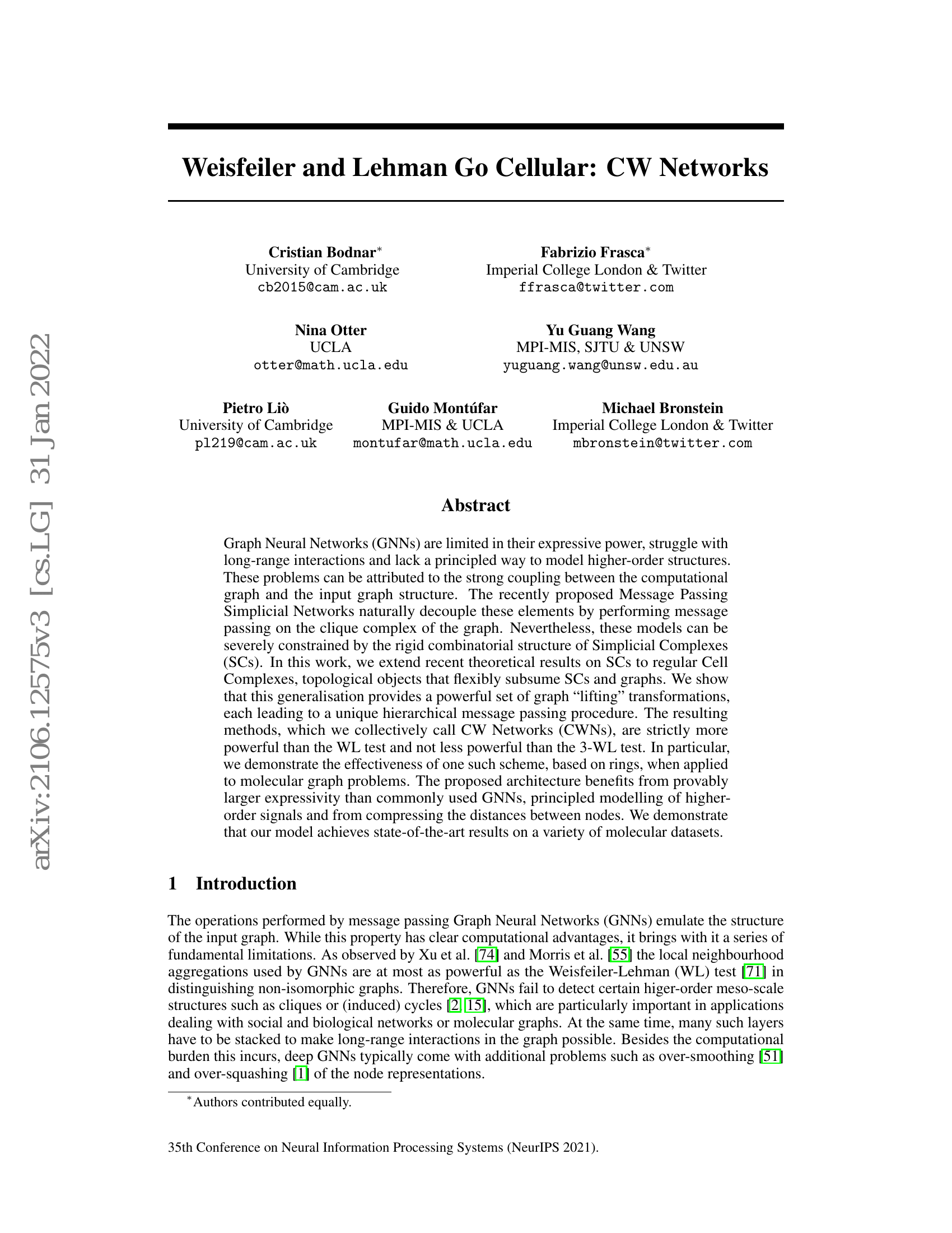 Weisfeiler和Lehman走向细胞化：CW网络