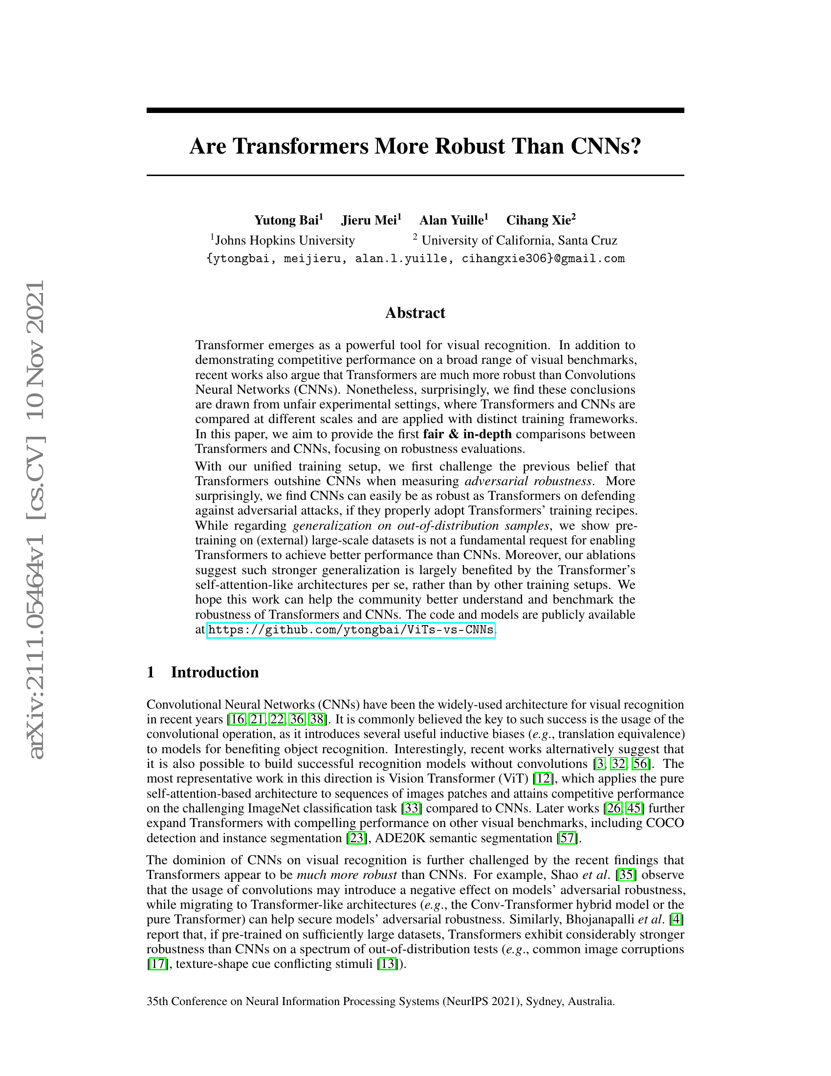 Are Transformers More Robust Than CNNs?