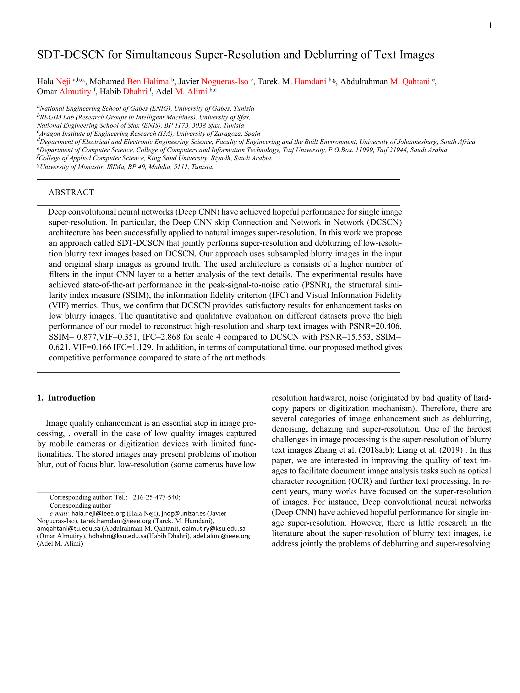 SDT-DCSCN for Simultaneous Super-Resolution and Deblurring of Text Images