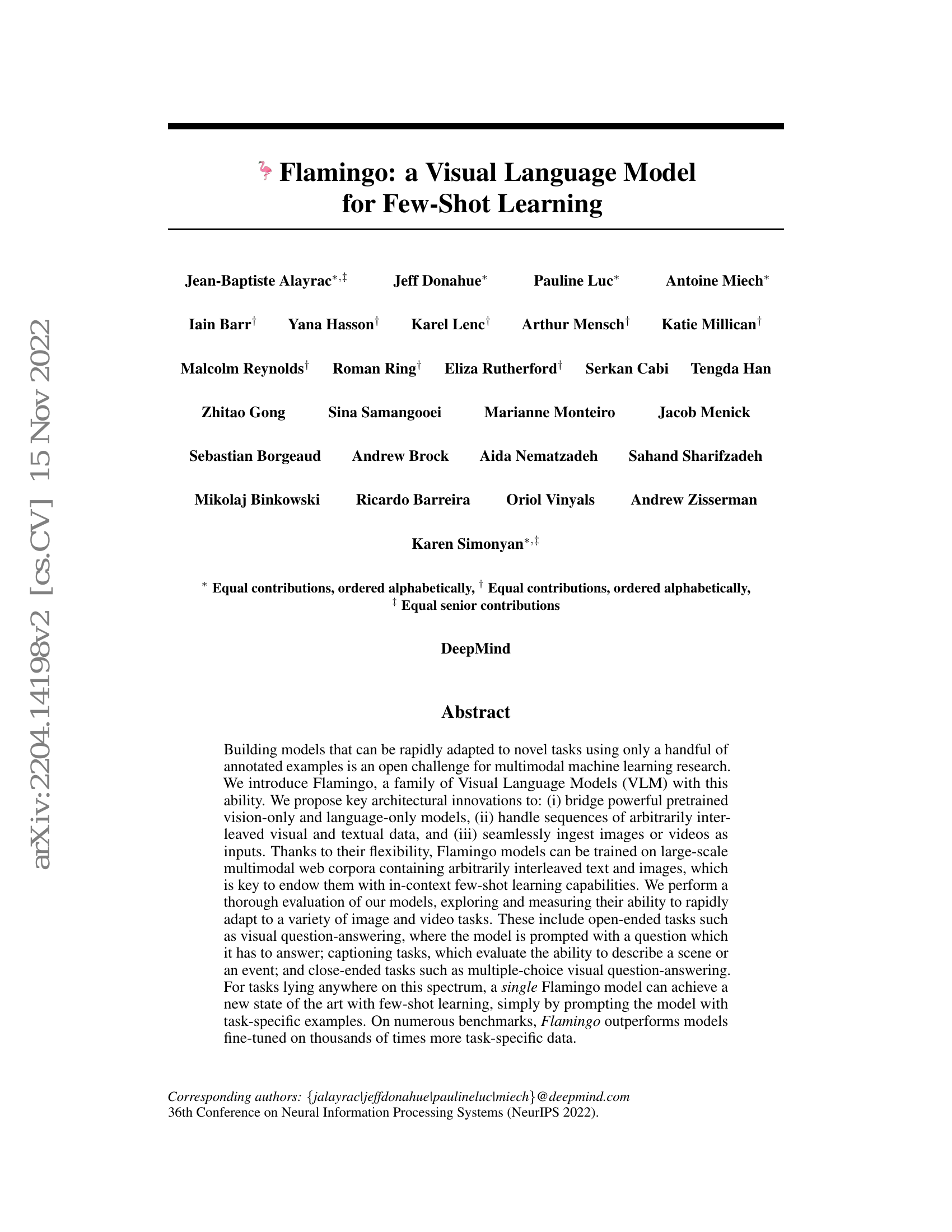 Flamingo: a Visual Language Model for Few-Shot Learning