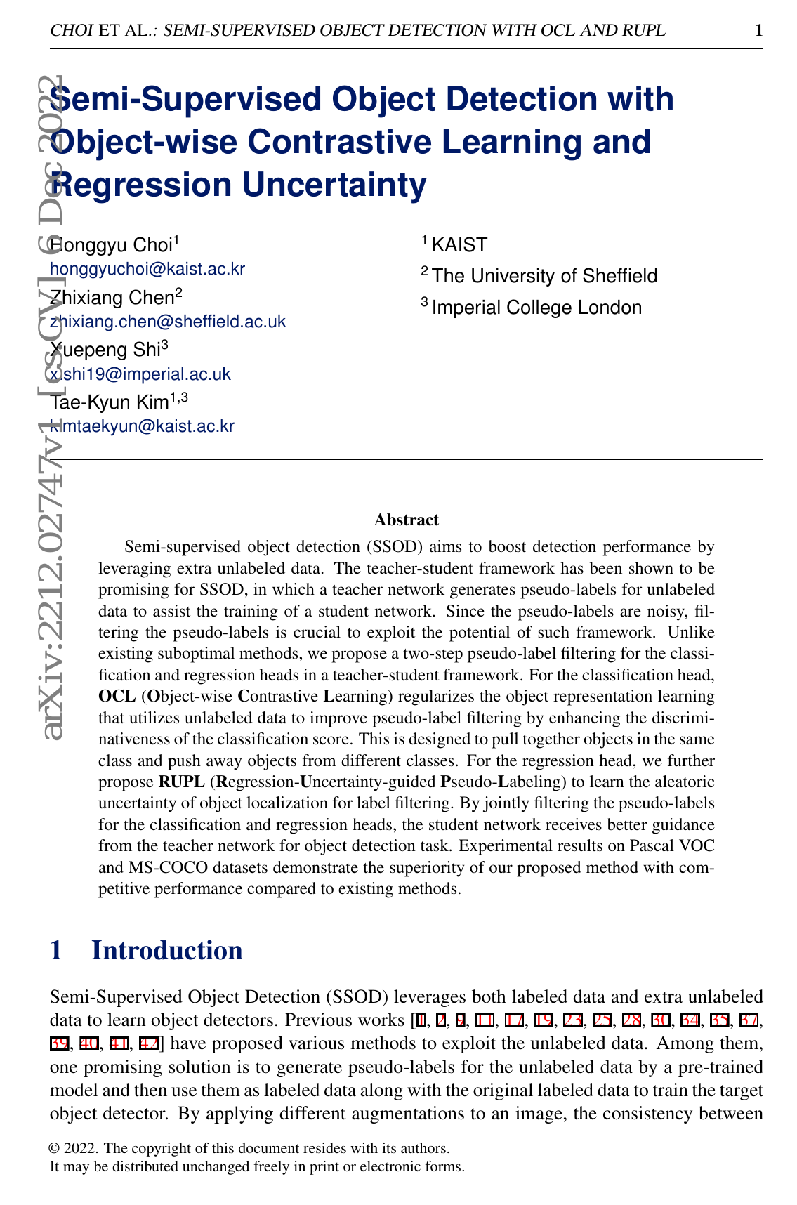 Détection d'objets semi-supervisée avec apprentissage contrastif par objet et incertitude de régression