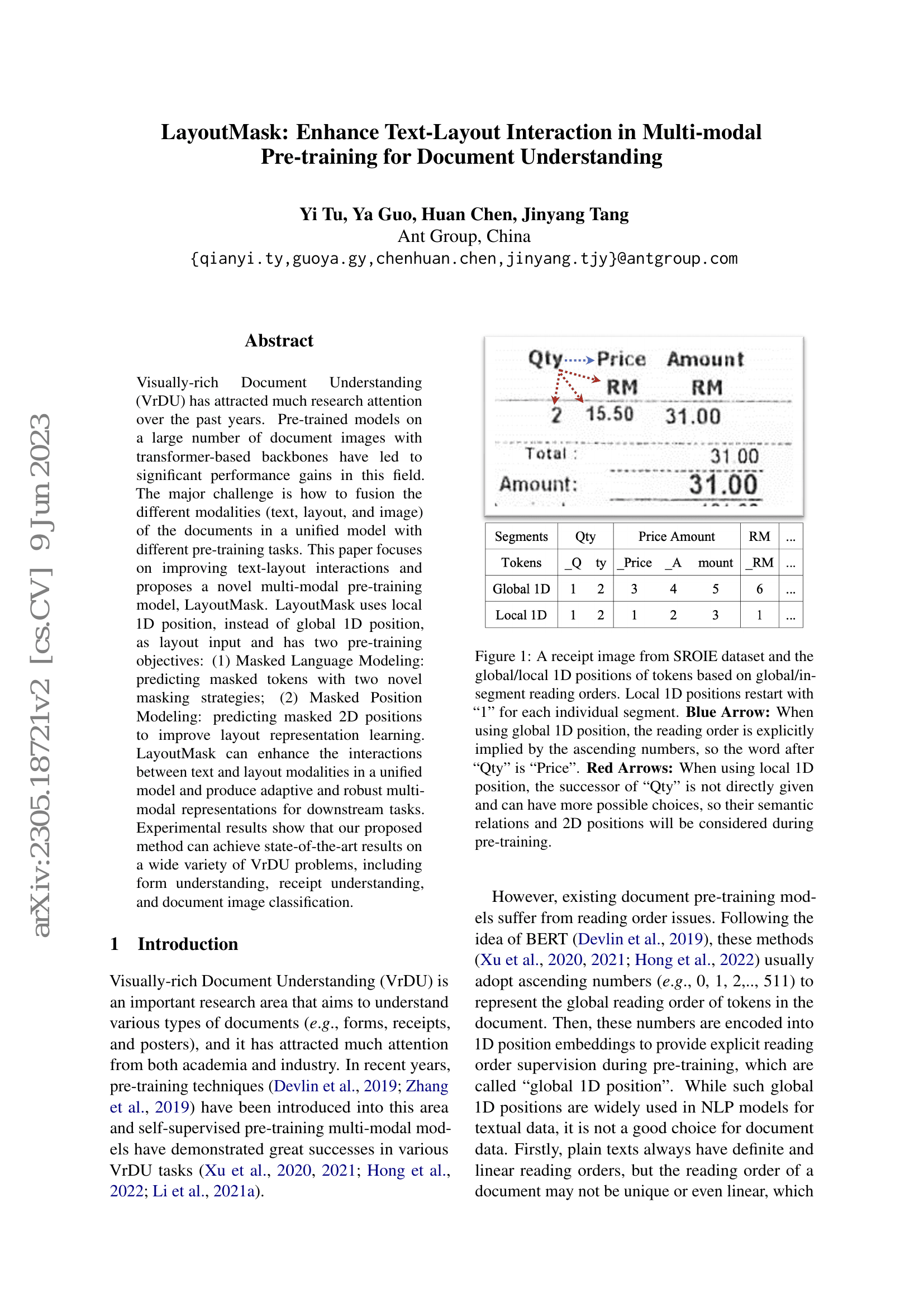 LayoutMask: Verbessern der Text-Layout-Interaktion in multimodalem Vortraining für die Dokumentenverarbeitung