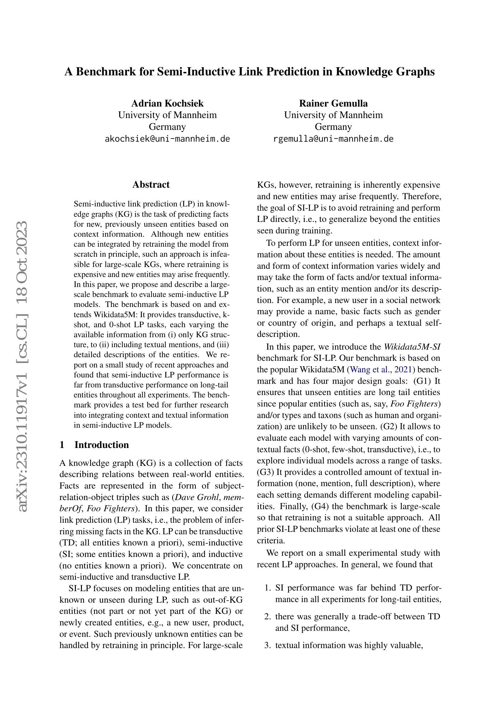 A Benchmark for Semi-Inductive Link Prediction in Knowledge Graphs