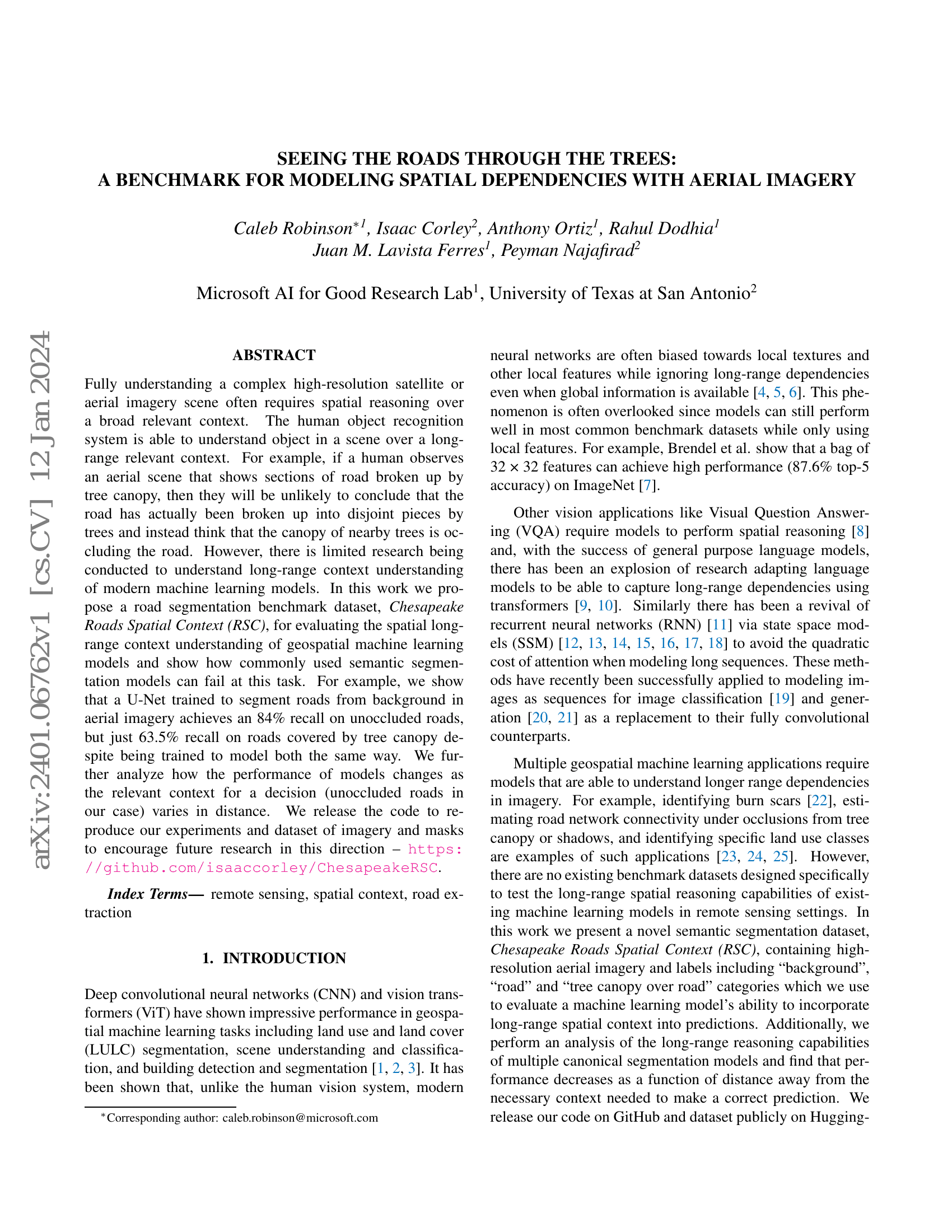 Seeing the roads through the trees: A benchmark for modeling spatial dependencies with aerial imagery