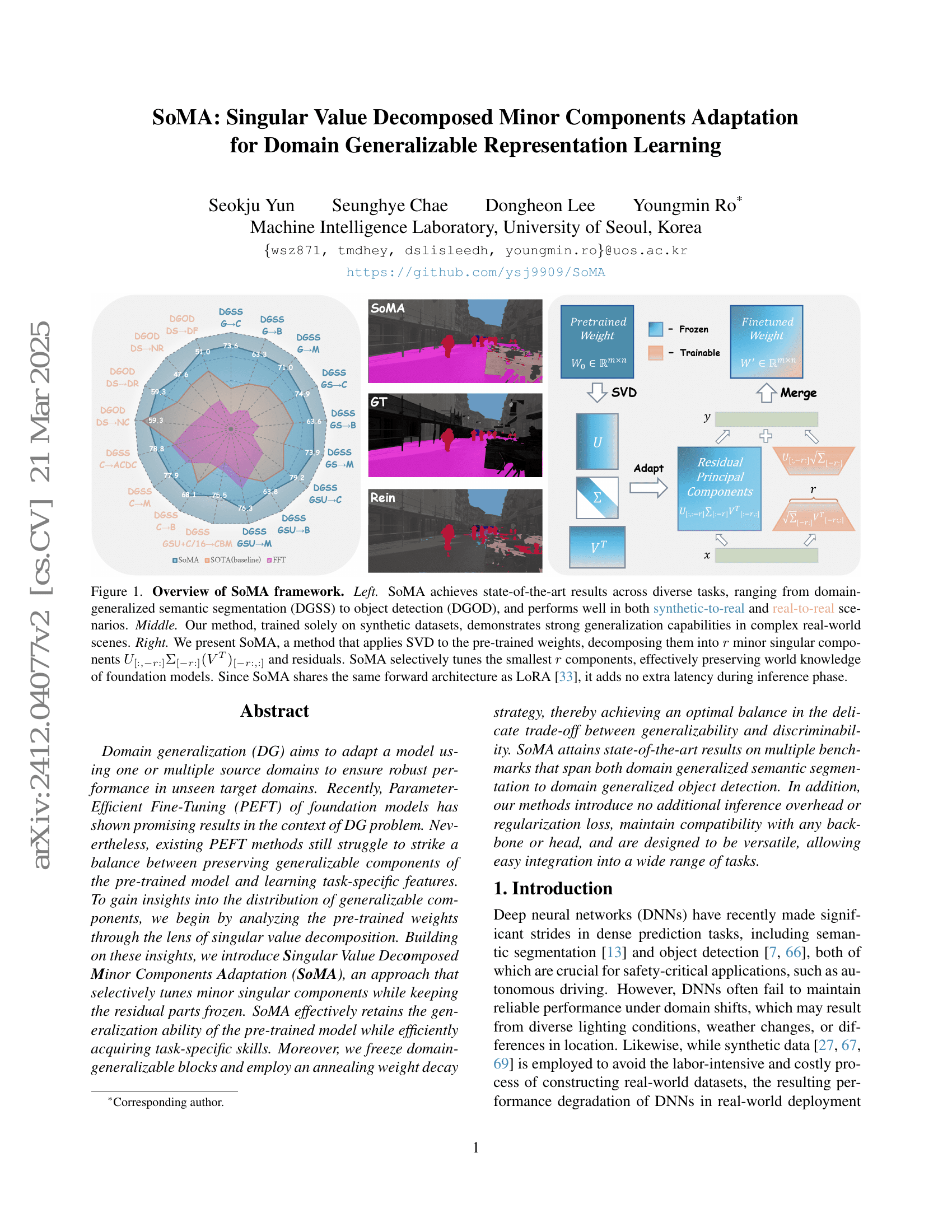 SoMA : Adaptation des composantes mineures décomposées par décomposition en valeurs singulières pour un apprentissage représentationnel généralisable au domaine