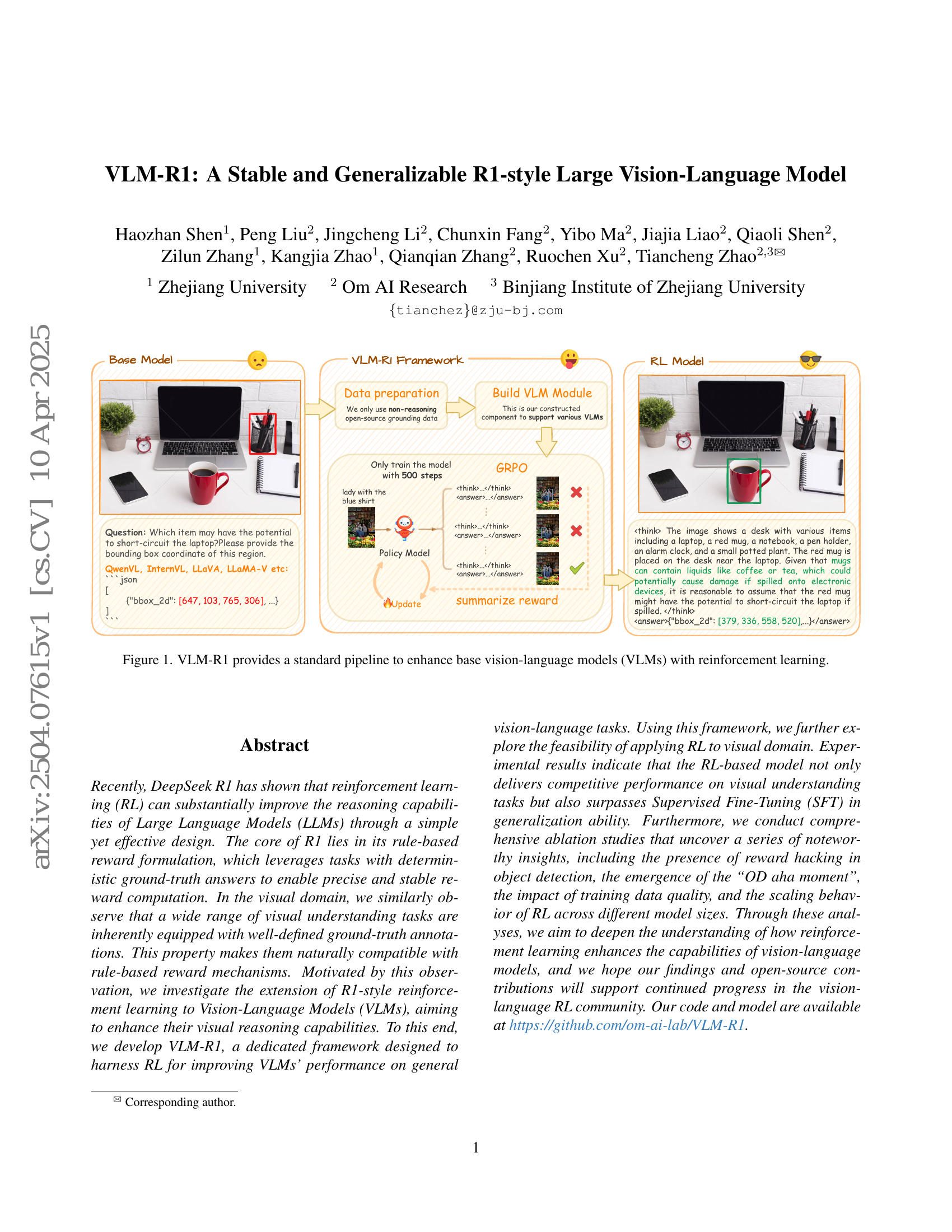 VLM-R1: A Stable and Generalizable R1-style Large Vision-Language Model