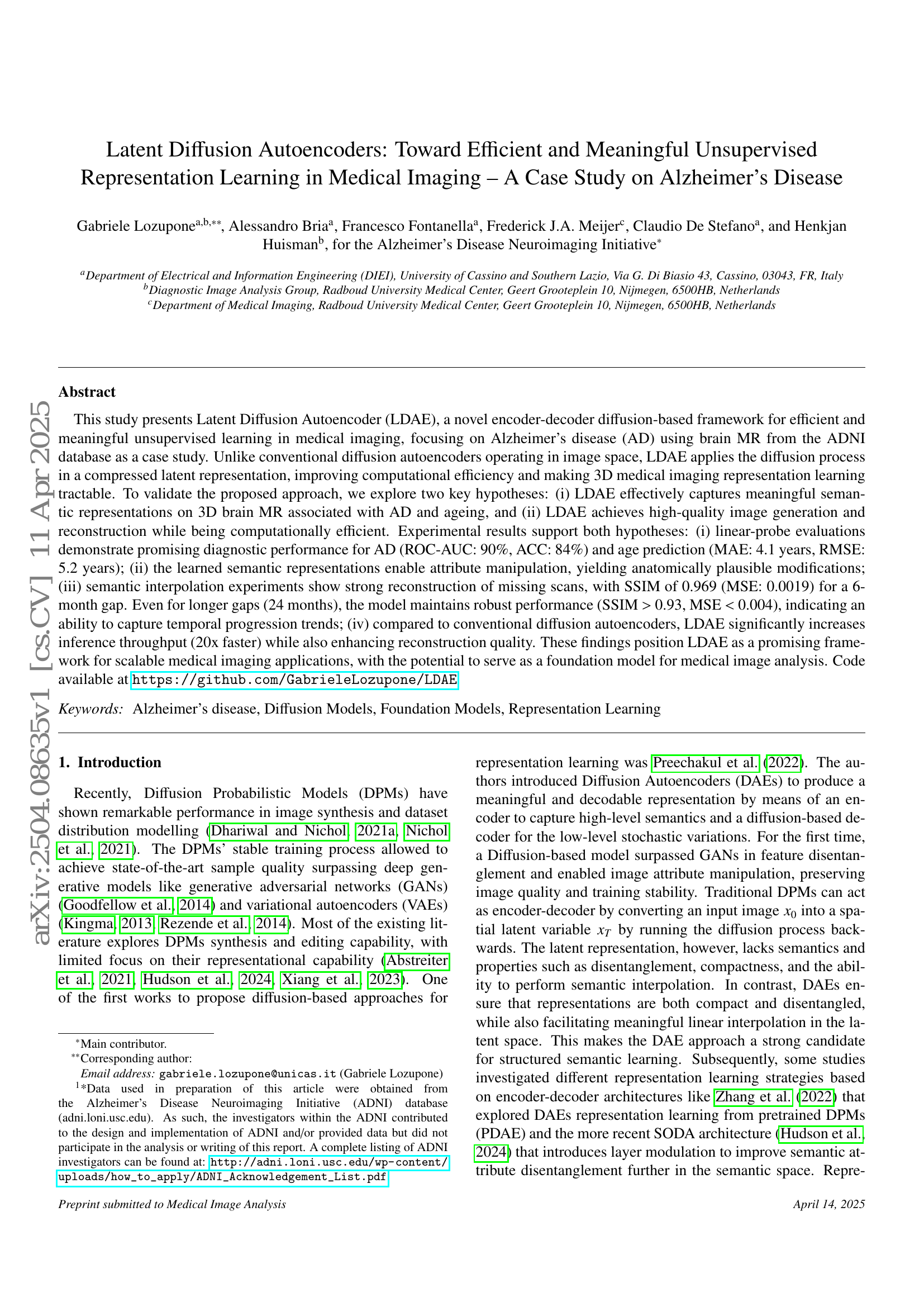 Latent Diffusion Autoencoders: Toward Efficient and Meaningful
  Unsupervised Representation Learning in Medical Imaging