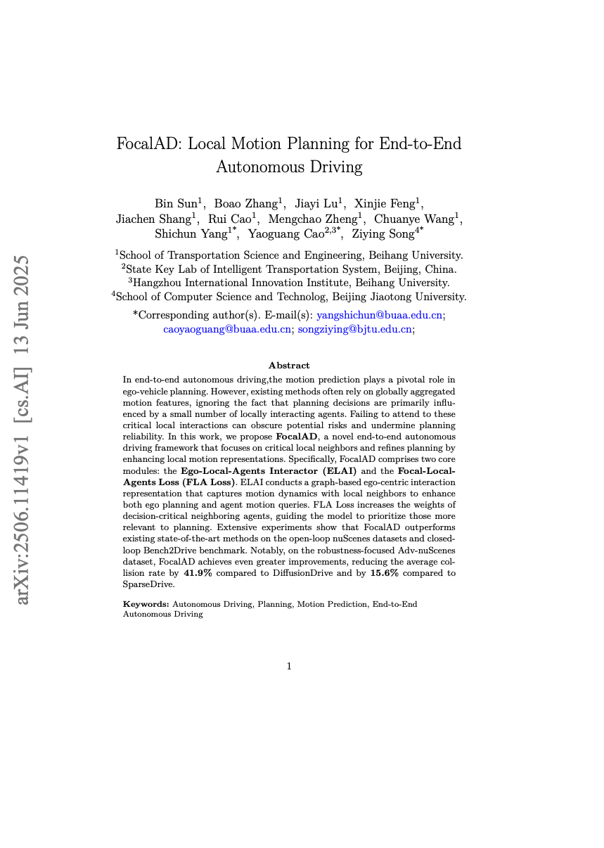 FocalAD:端到端自动驾驶的局部运动规划