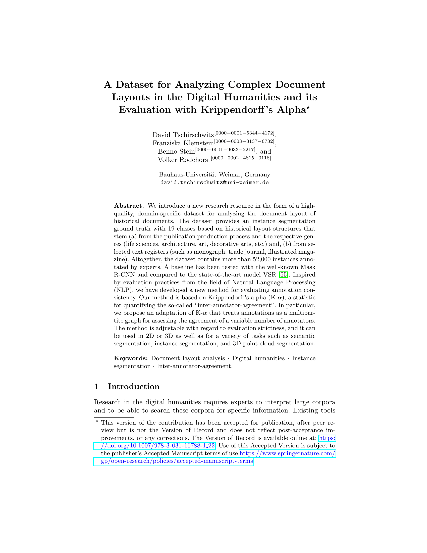 デジタル人文科学における複雑なドキュメントレイアウトの分析のためのデータセットとKrippendorffのAlphaを用いた評価