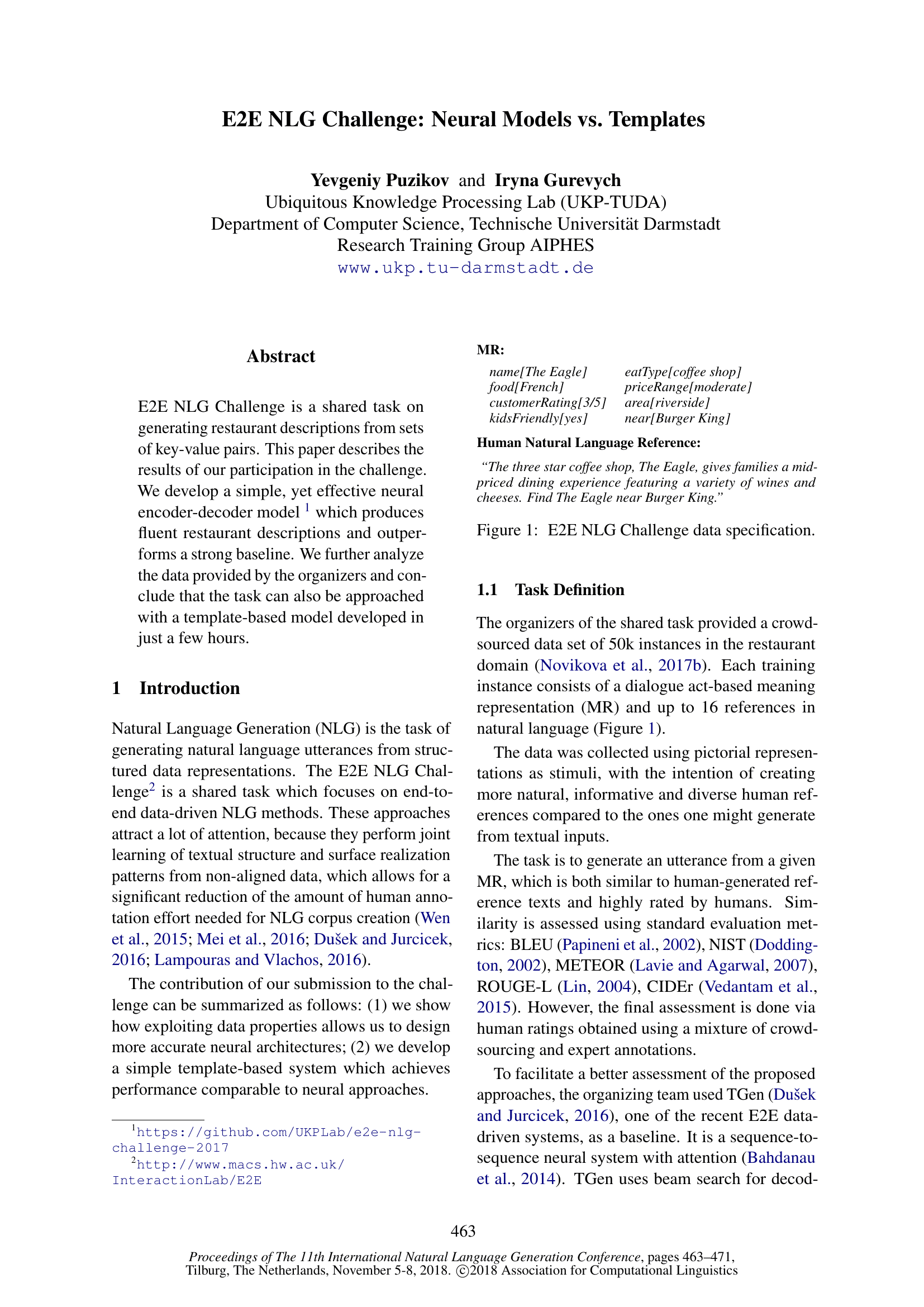 E2E NLG Challenge: Neural Models vs. Templates