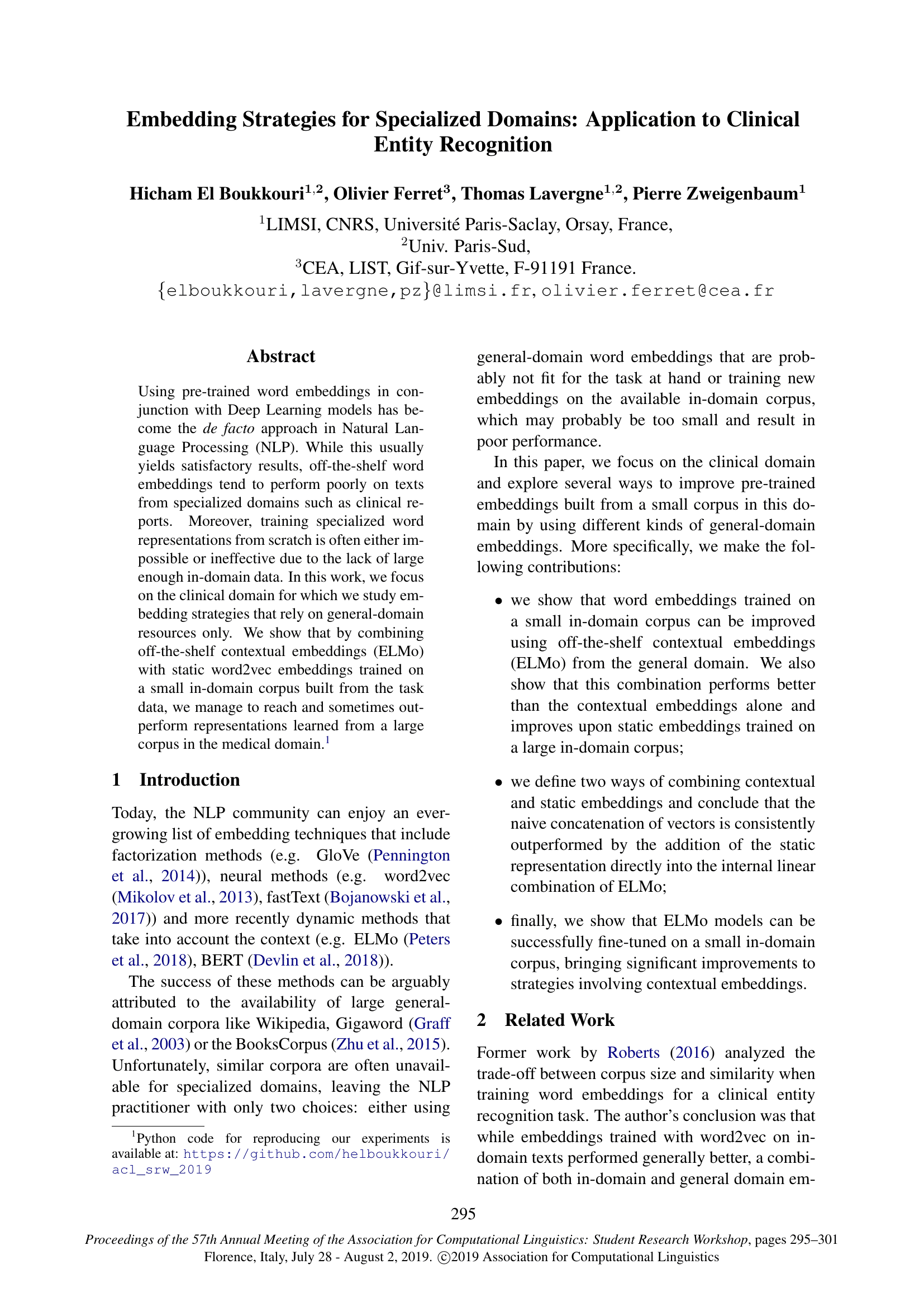Embedding Strategies for Specialized Domains: Application to Clinical Entity Recognition