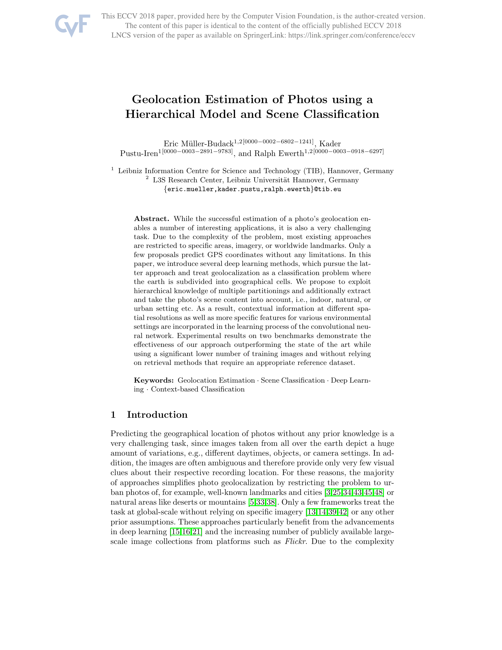 Estimation de la géolocalisation d'images à l'aide d'un modèle hiérarchique et de la classification de scènes