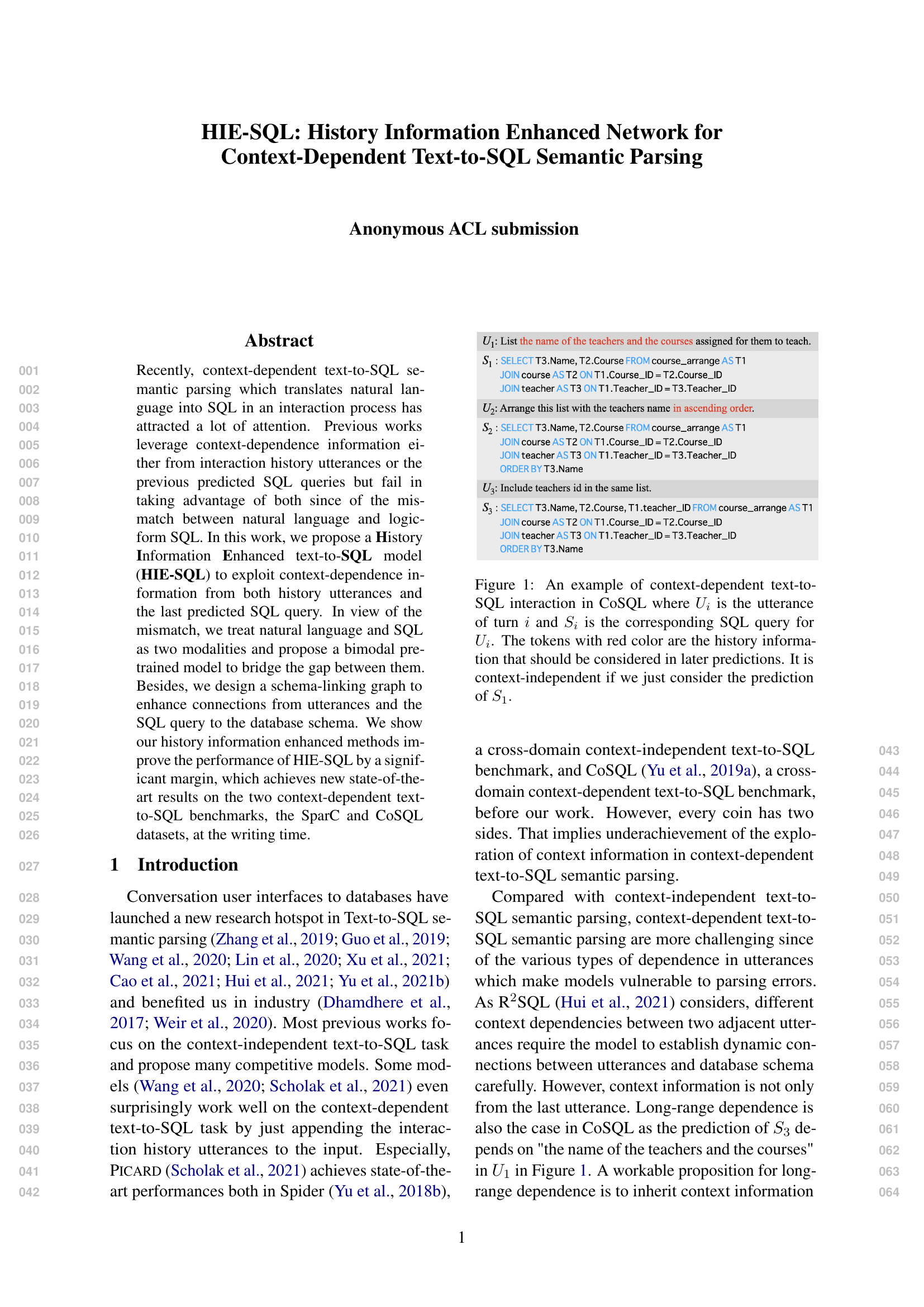 HIE-SQL: History Information Enhanced Network for Context-Dependent Text-to-SQL Semantic Parsing