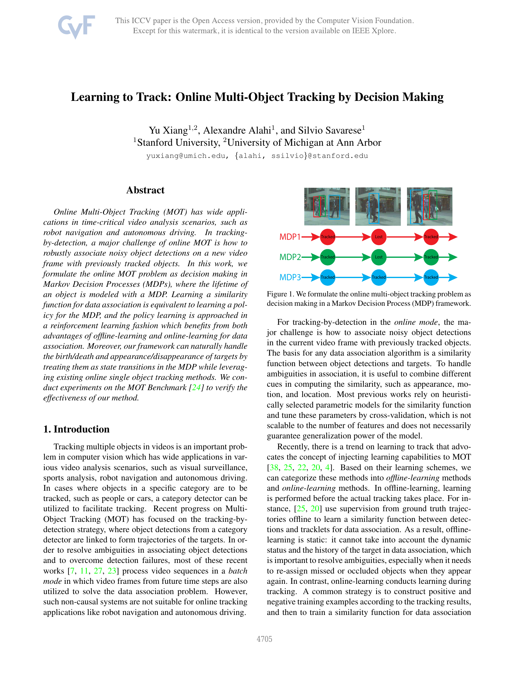 Learning to Track: Online Multi-Object Tracking by Decision Making