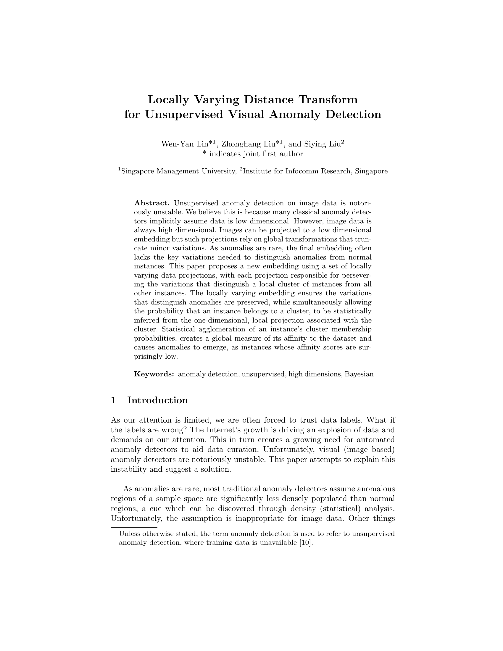 Locally varying distance transform for unsupervised visual anomaly detection