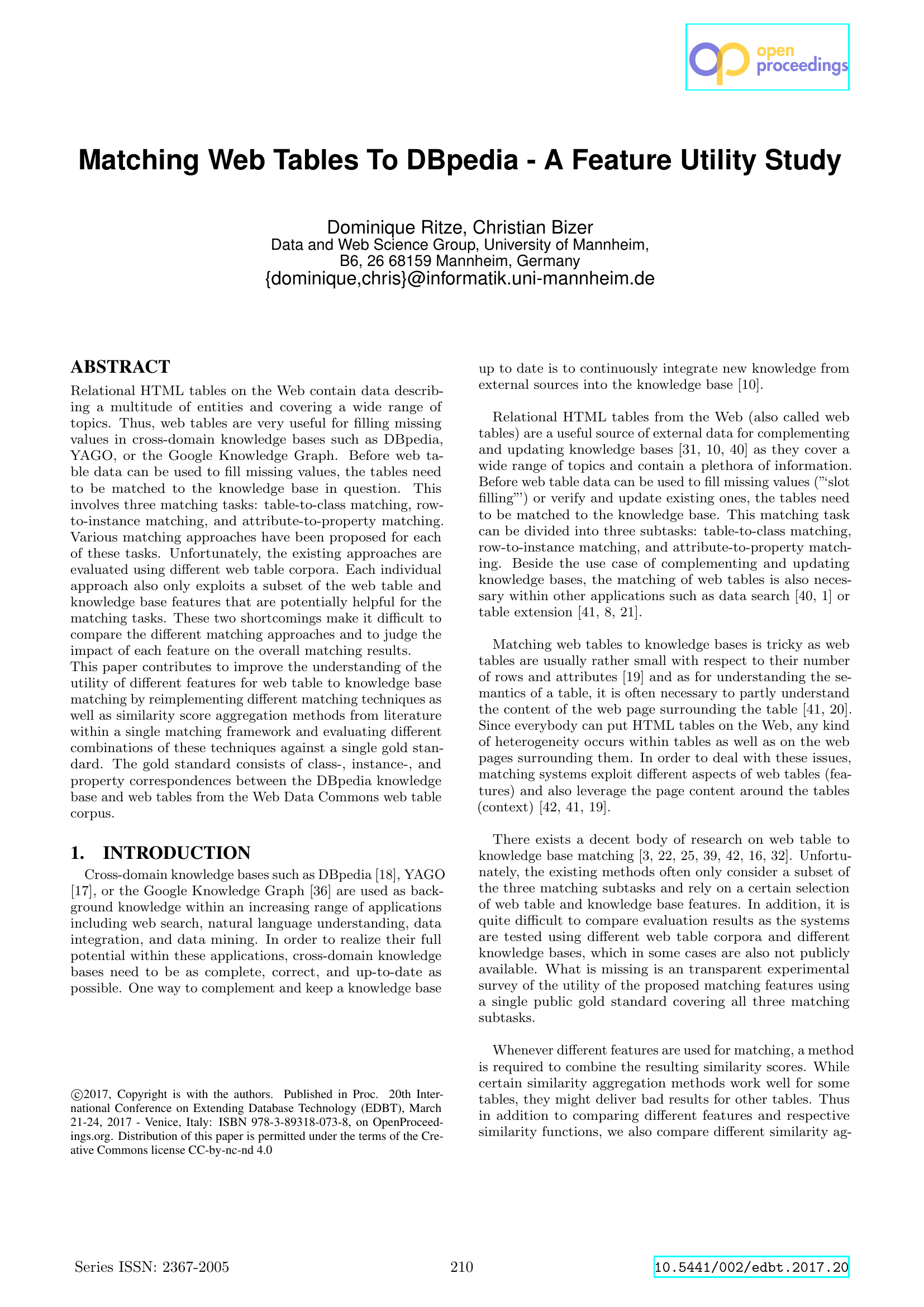 Zuordnung von Web-Tabellen zu DBpedia – Eine Studie zur Merkmalsnutzenanalyse