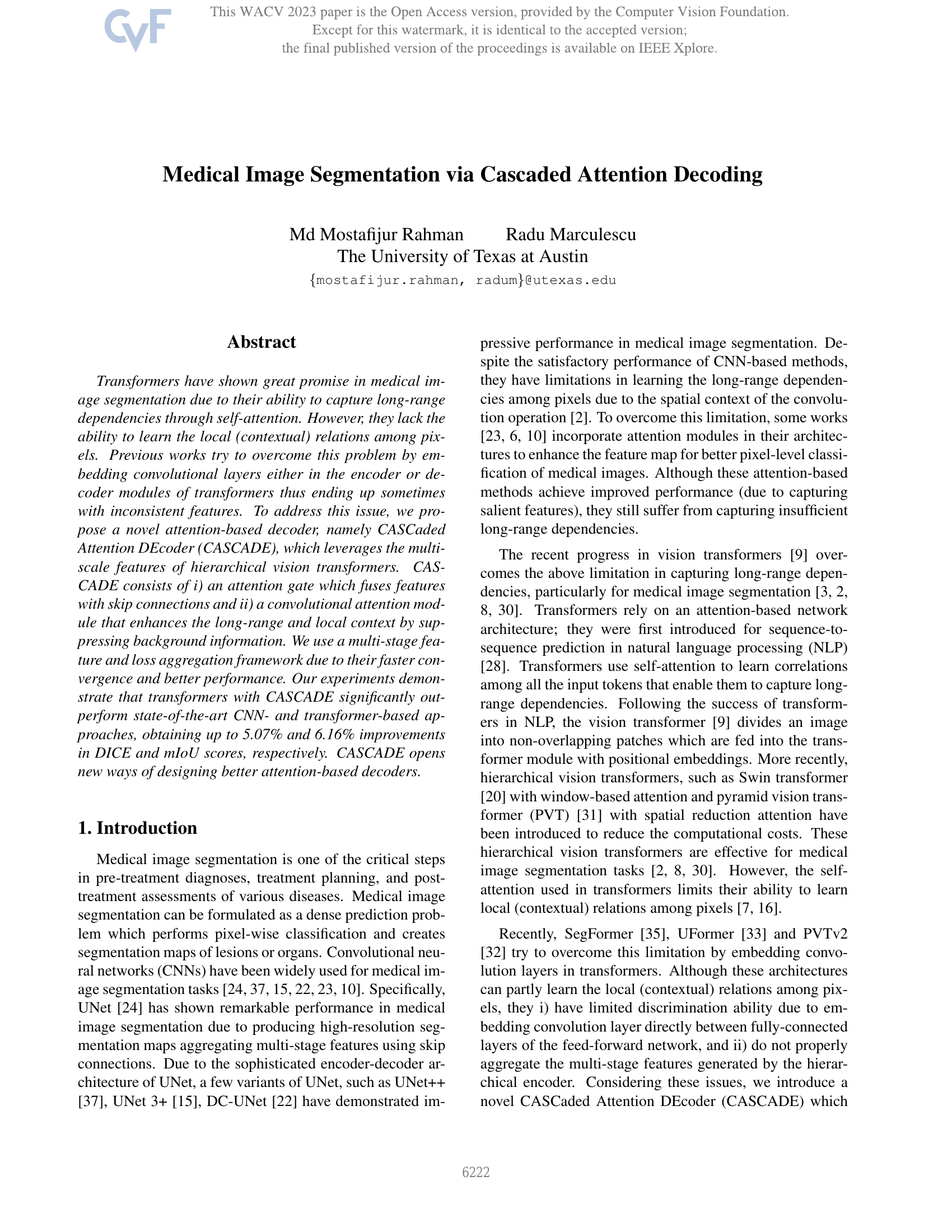 Medical Image Segmentation via Cascaded Attention Decoding