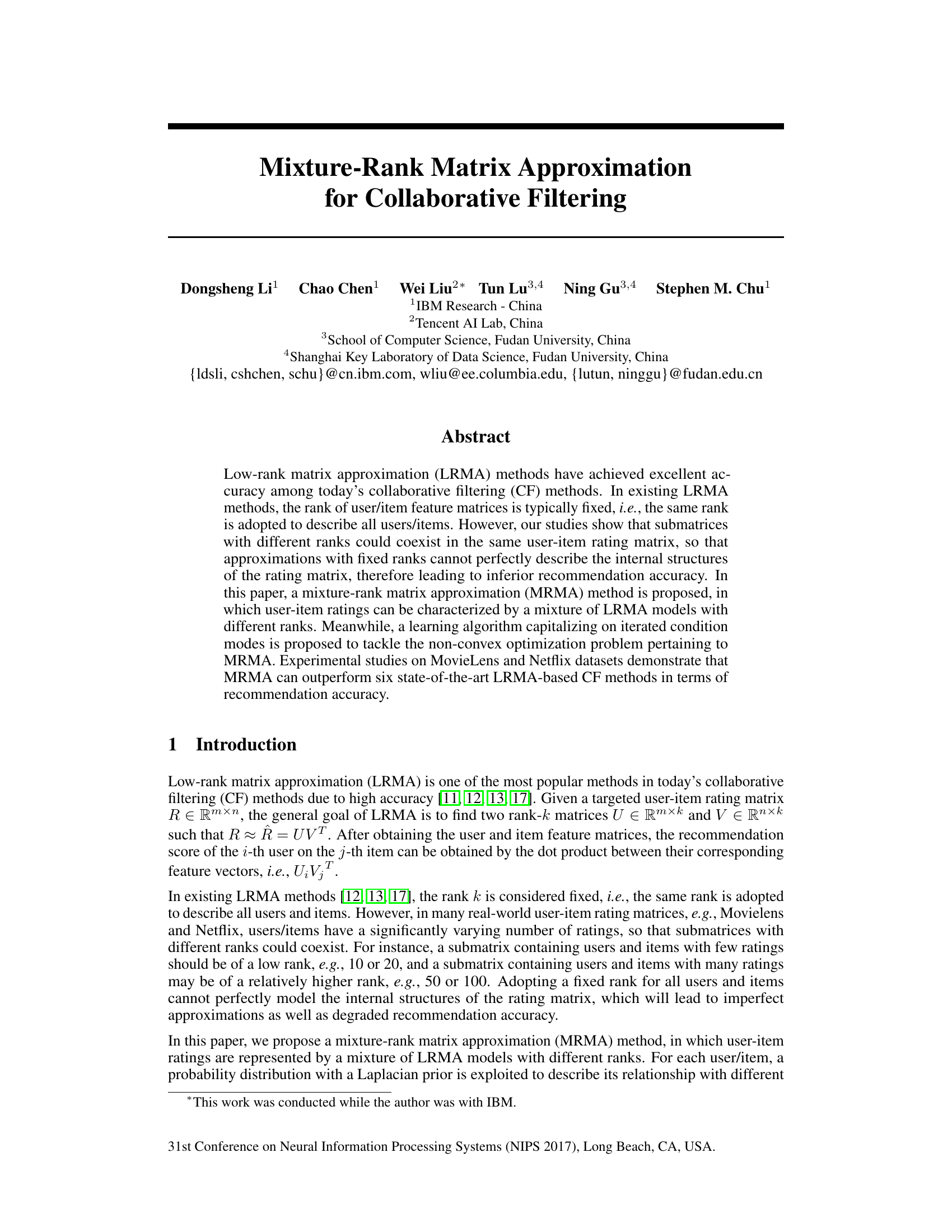 Mixture-Rank Matrix Approximation for Collaborative Filtering