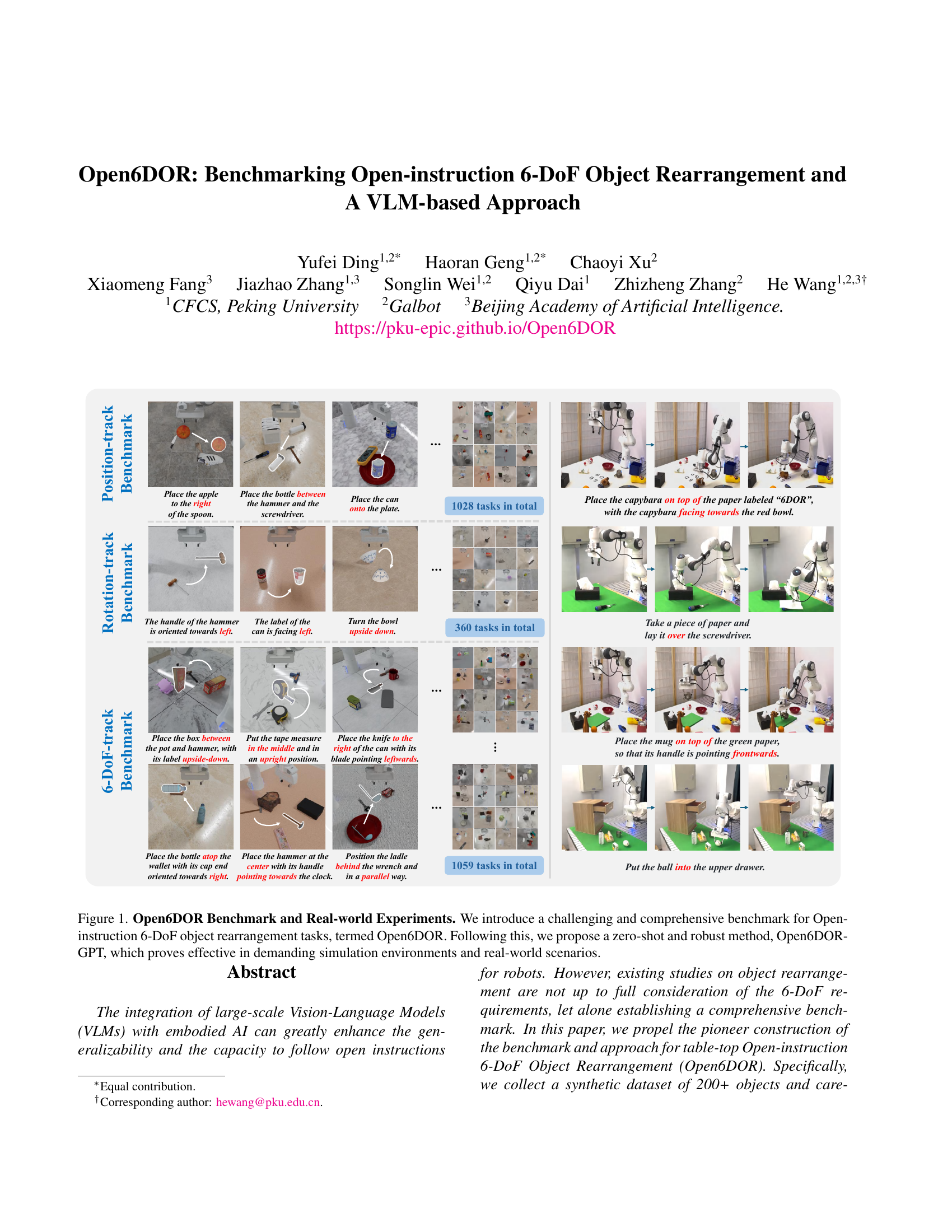 Open6DOR: Benchmarking Open-instruction 6-DoF Object Rearrangement and A VLM-based Approach