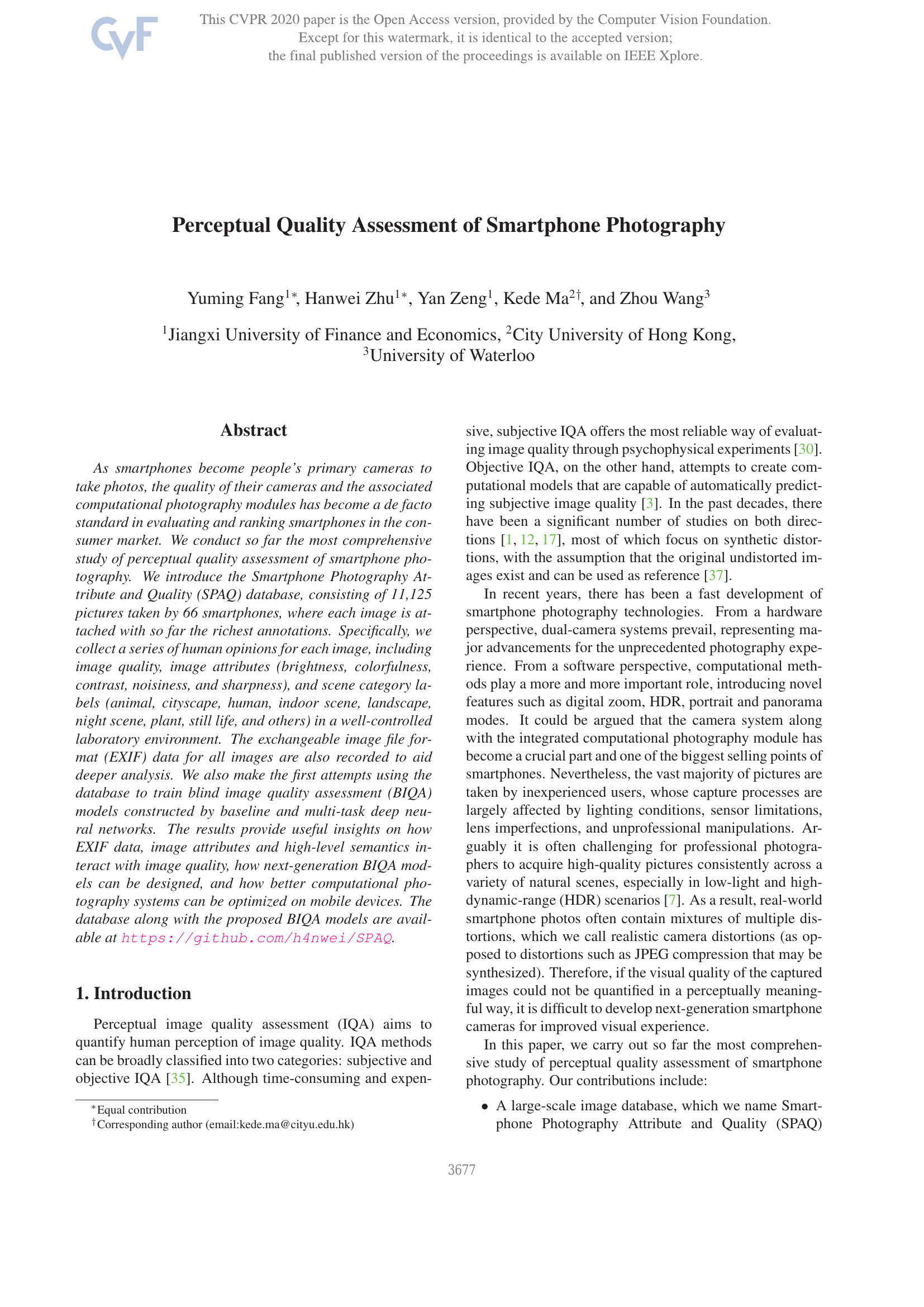 Perceptual Quality Assessment of Smartphone Photography