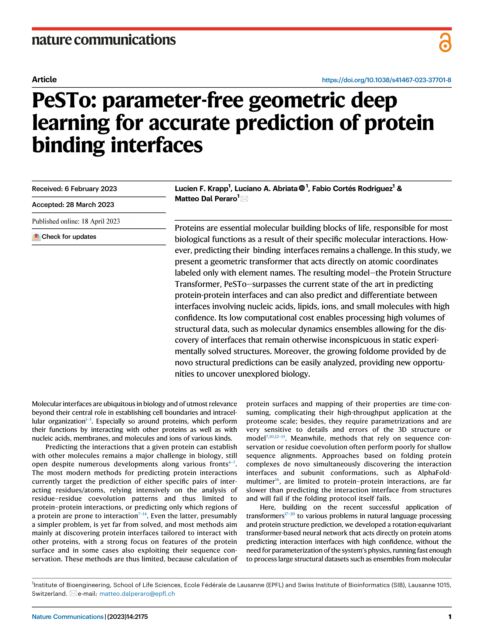 PeSTo：无需参数的几何深度学习方法，用于精准预测蛋白质结合界面