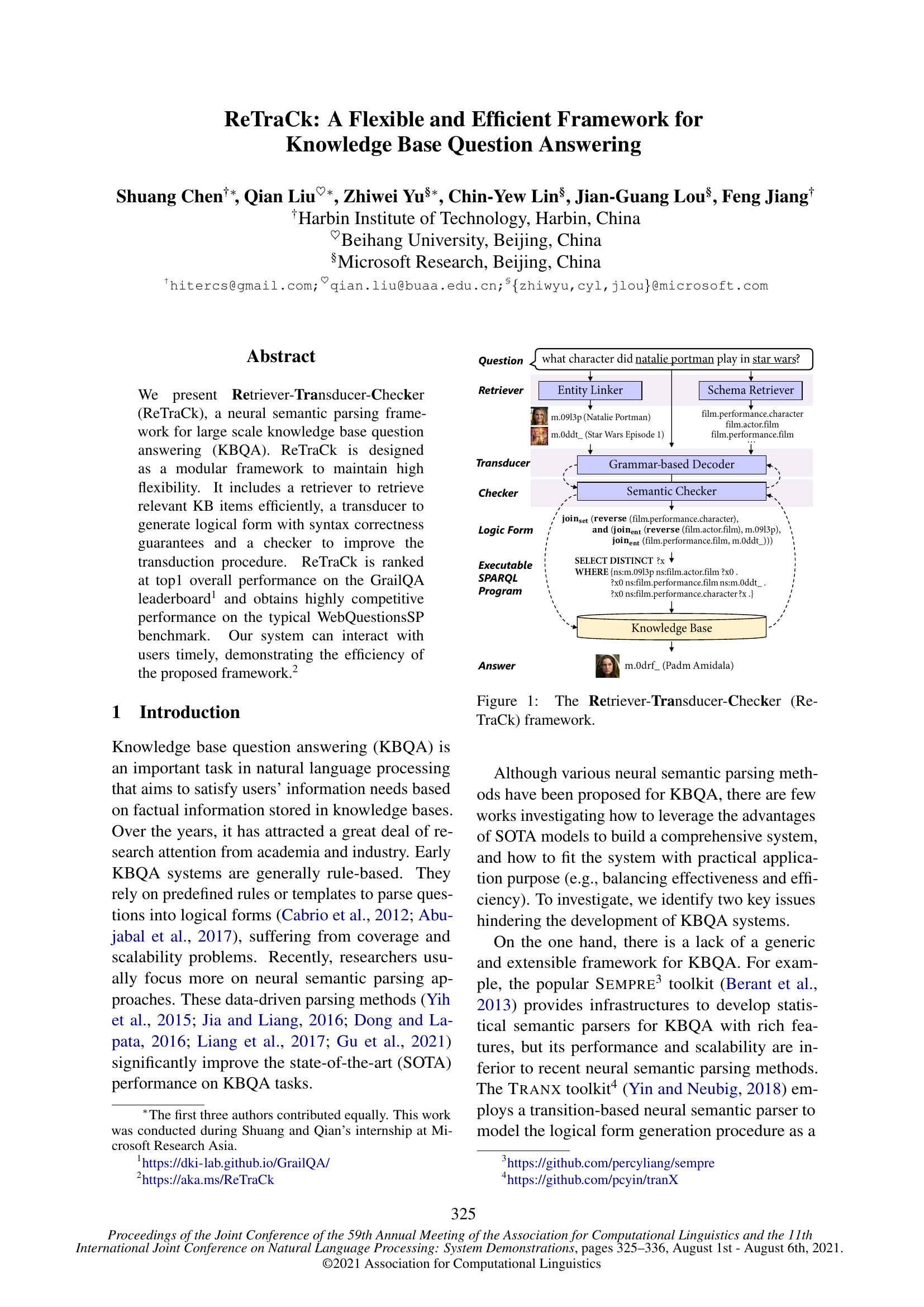 ReTraCk: A Flexible and Efficient Framework for Knowledge Base Question Answering