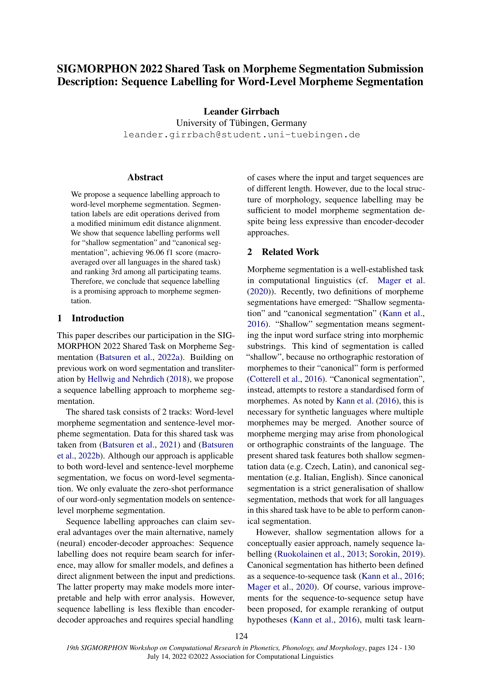 SIGMORPHON 2022 Shared Task on Morpheme Segmentation Submission Description: Sequence Labelling for Word-Level Morpheme Segmentation