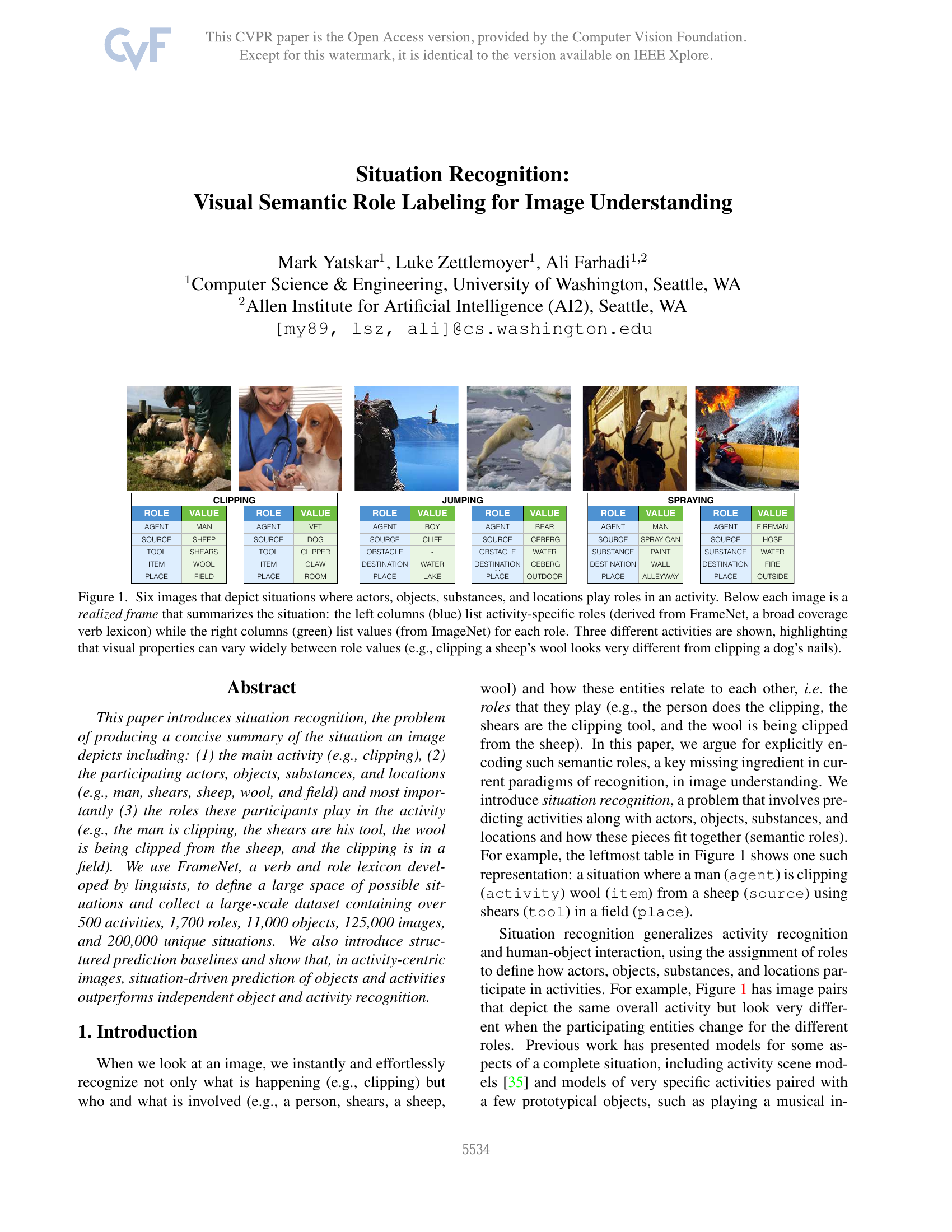 Situation Recognition: Visual Semantic Role Labeling for Image Understanding