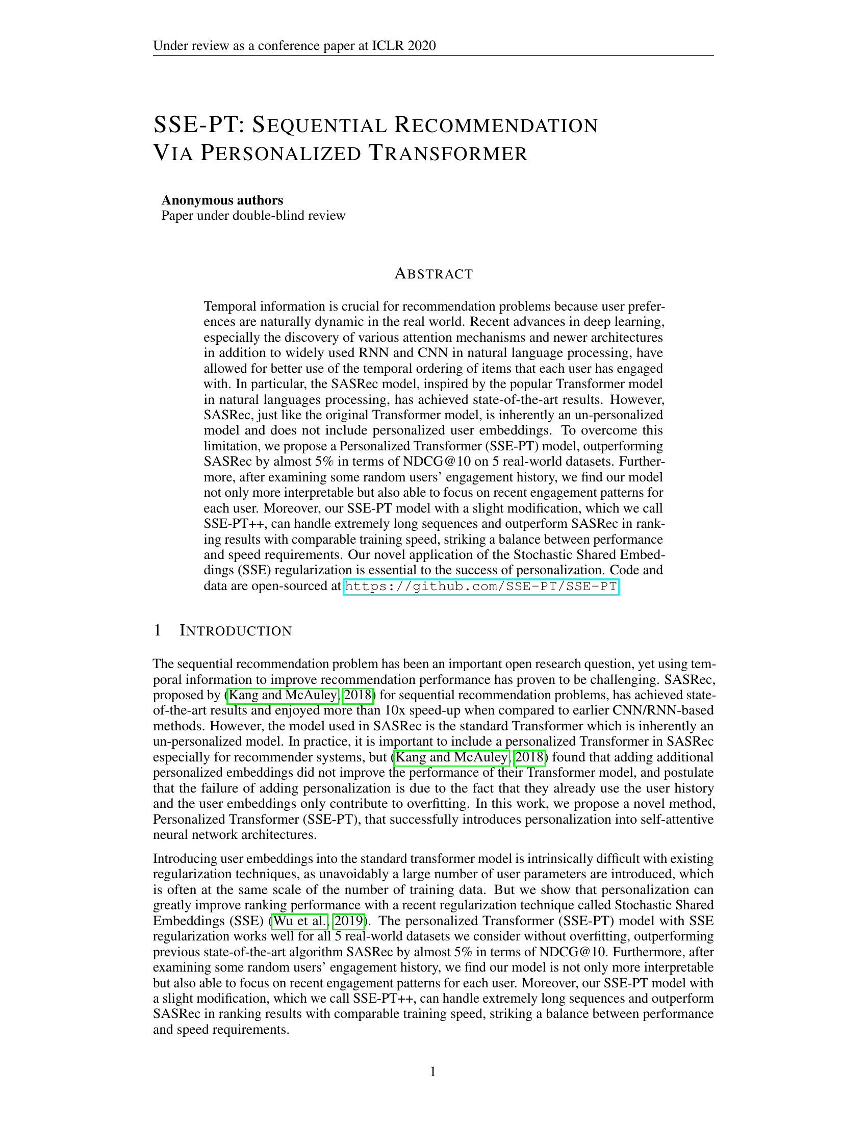 SSE-PT: Sequential Recommendation Via Personalized Transformer