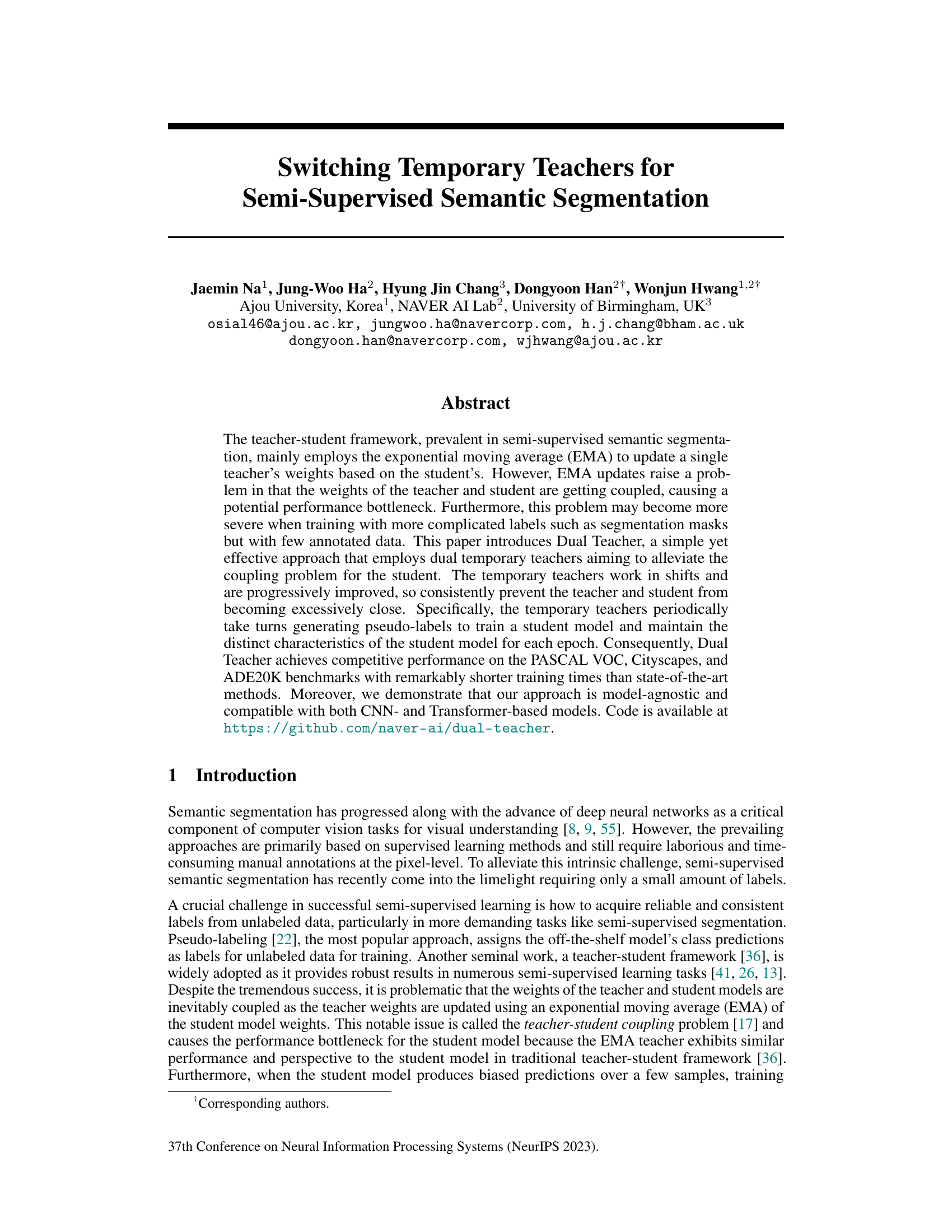 Switching Temporary Teachers for Semi-Supervised Semantic Segmentation