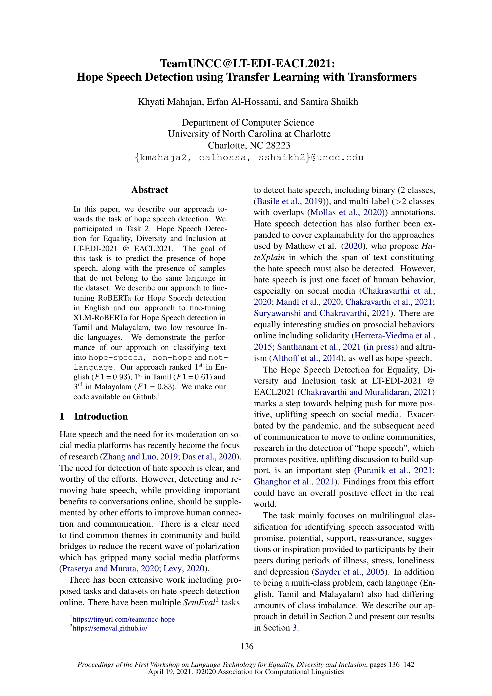 TeamUNCC@LT-EDI-EACL2021: Hope Speech Detection using Transfer Learning with Transformers