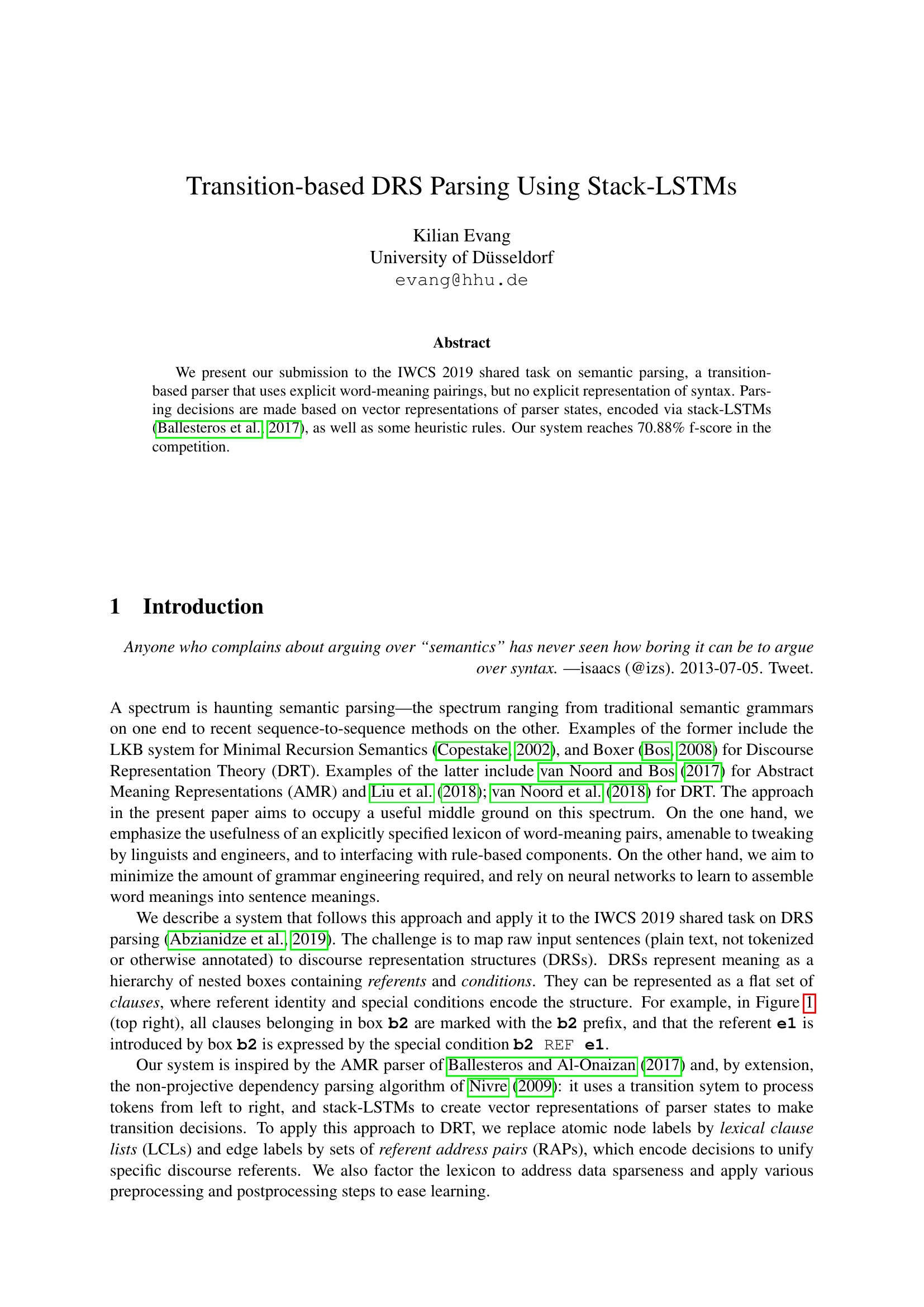 Transitionbasierte DRS-Parsing mit Stack-LSTMs