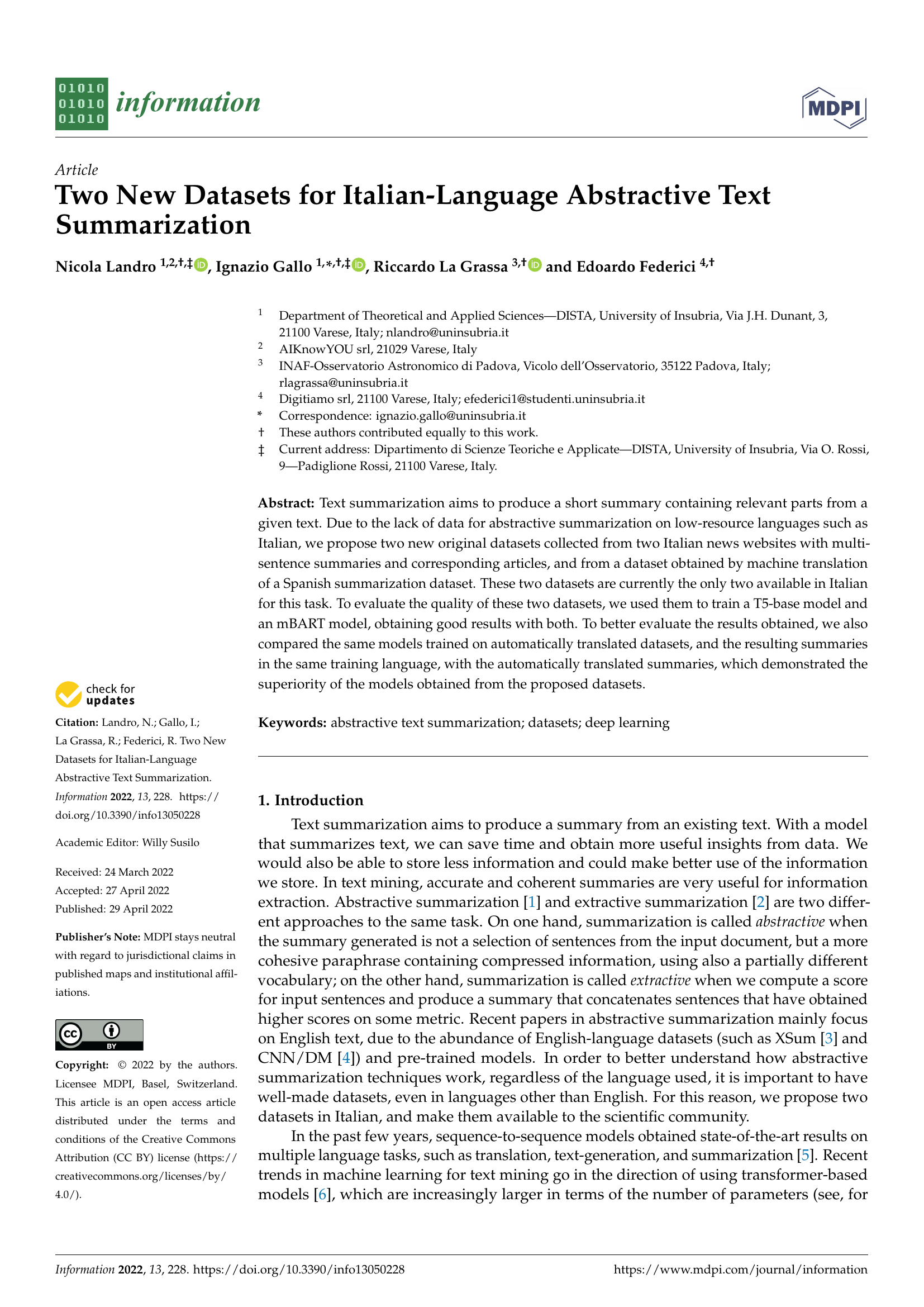 Zwei neue Datensätze für die abstraktive Textzusammenfassung auf Italienisch
