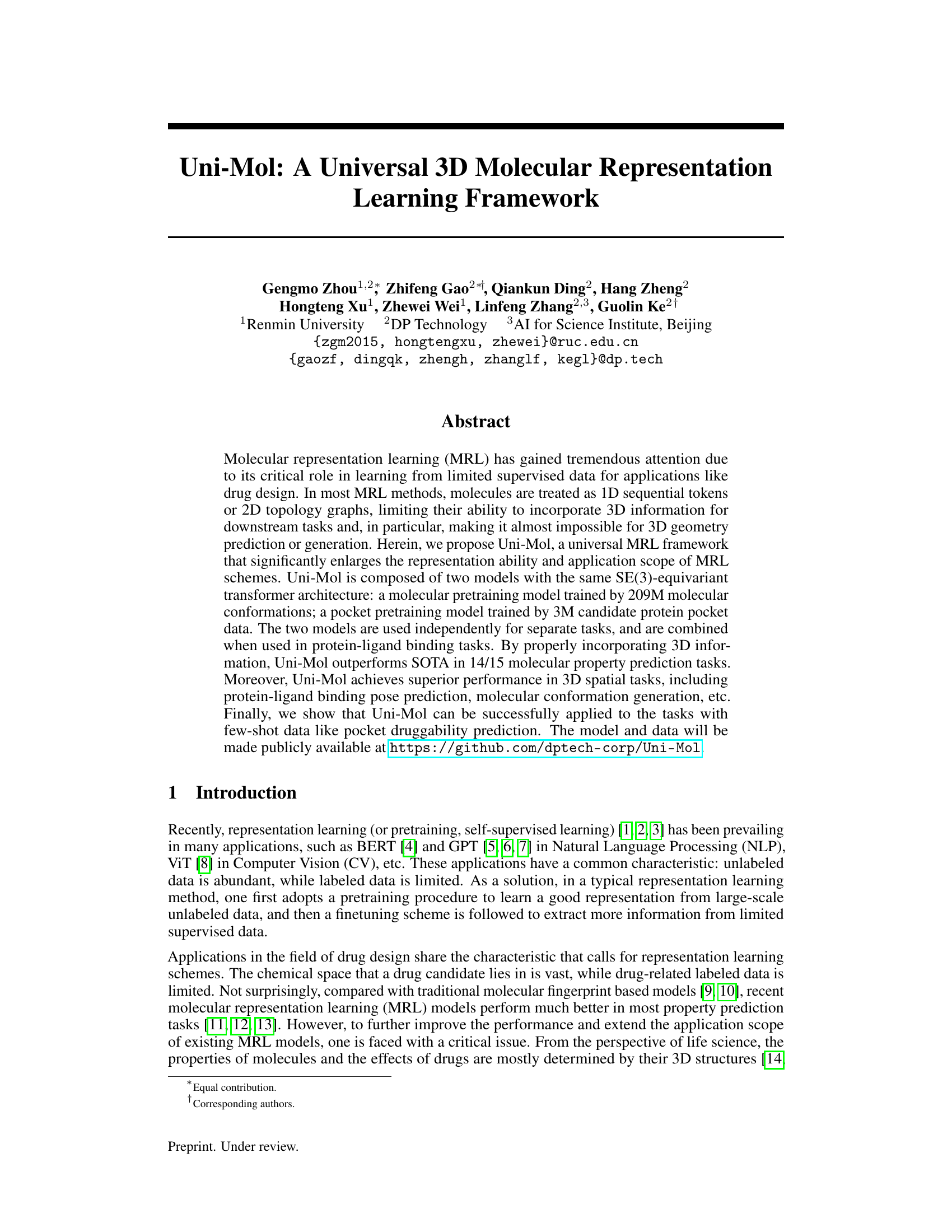 Uni-Mol: A Universal 3D Molecular Representation Learning Framework