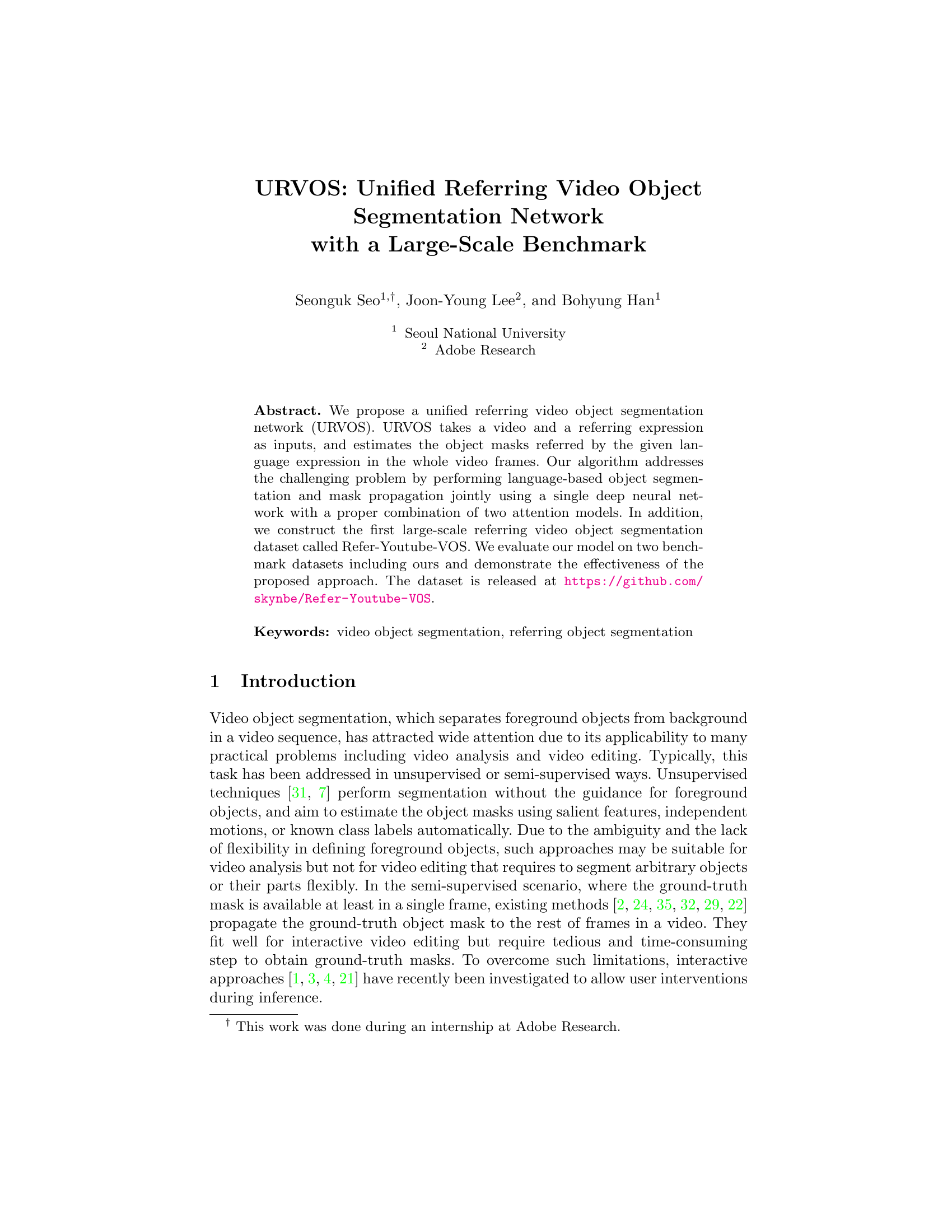URVOS : Réseau de segmentation d'objets vidéo référentiels unifié avec une base de données à grande échelle